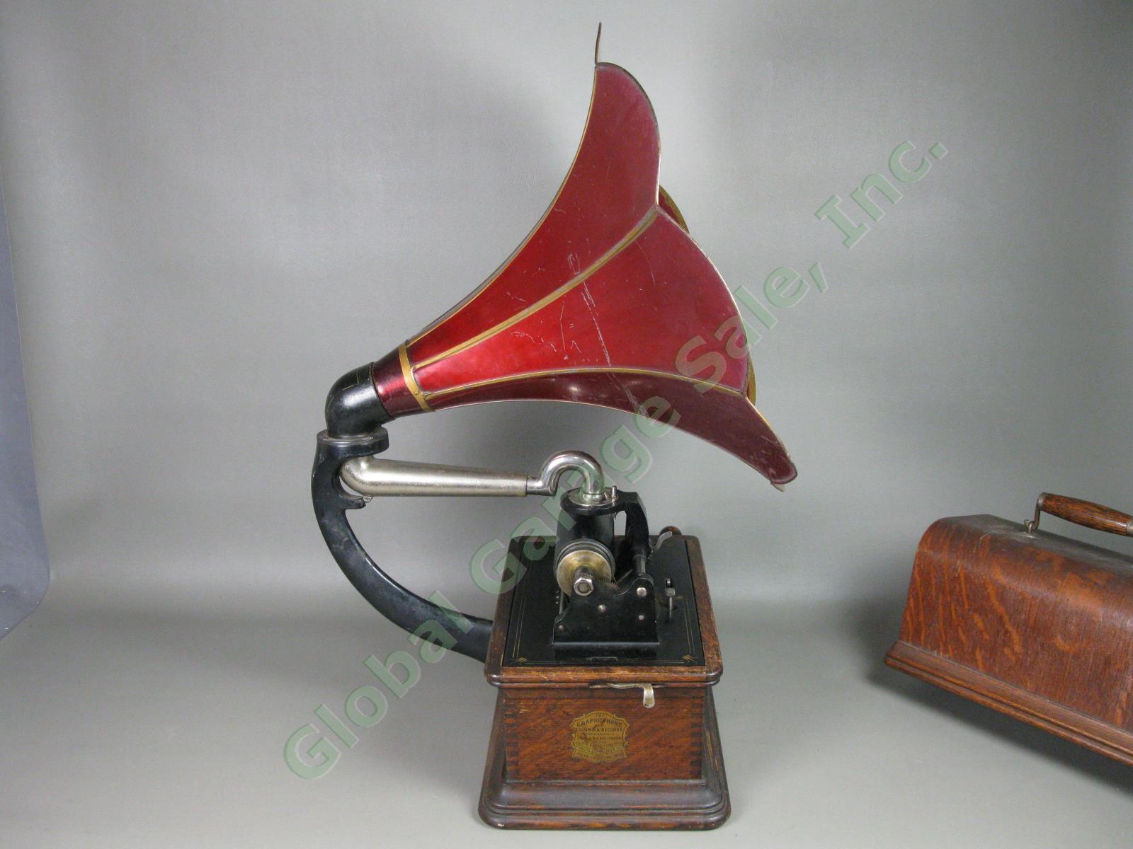 Antique Columbia BQ Gramophone Cylinder Phonograph w/Red Flower Horn Working! 9
