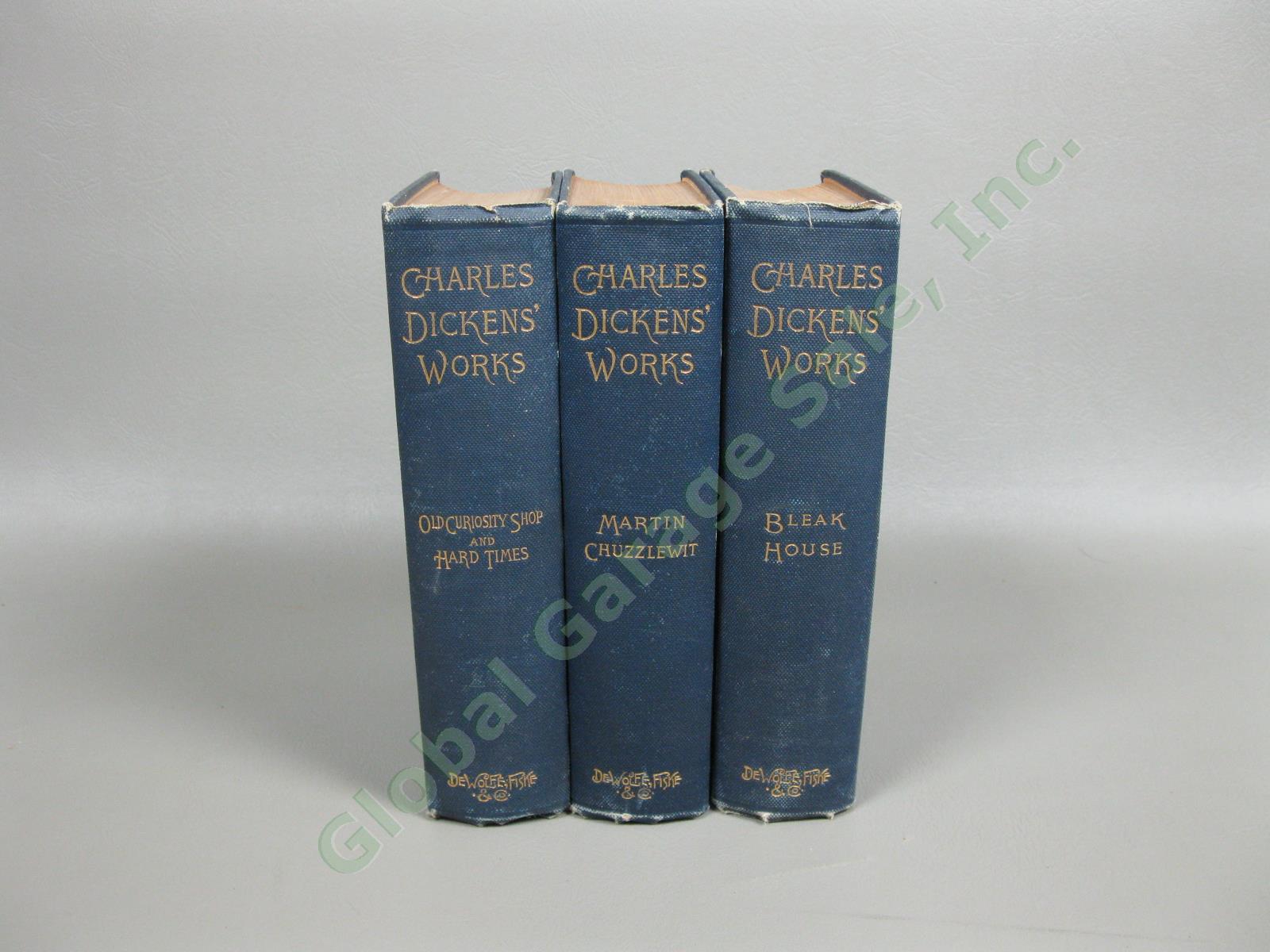 Antique Charles Dickens Works 14 Volume 1st Ed Complete Set Lot DeWolfe Fiske NR 9