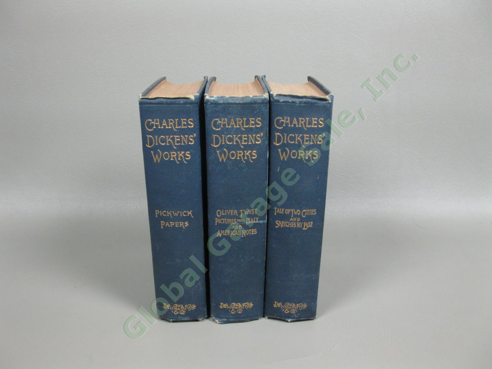 Antique Charles Dickens Works 14 Volume 1st Ed Complete Set Lot DeWolfe Fiske NR 12