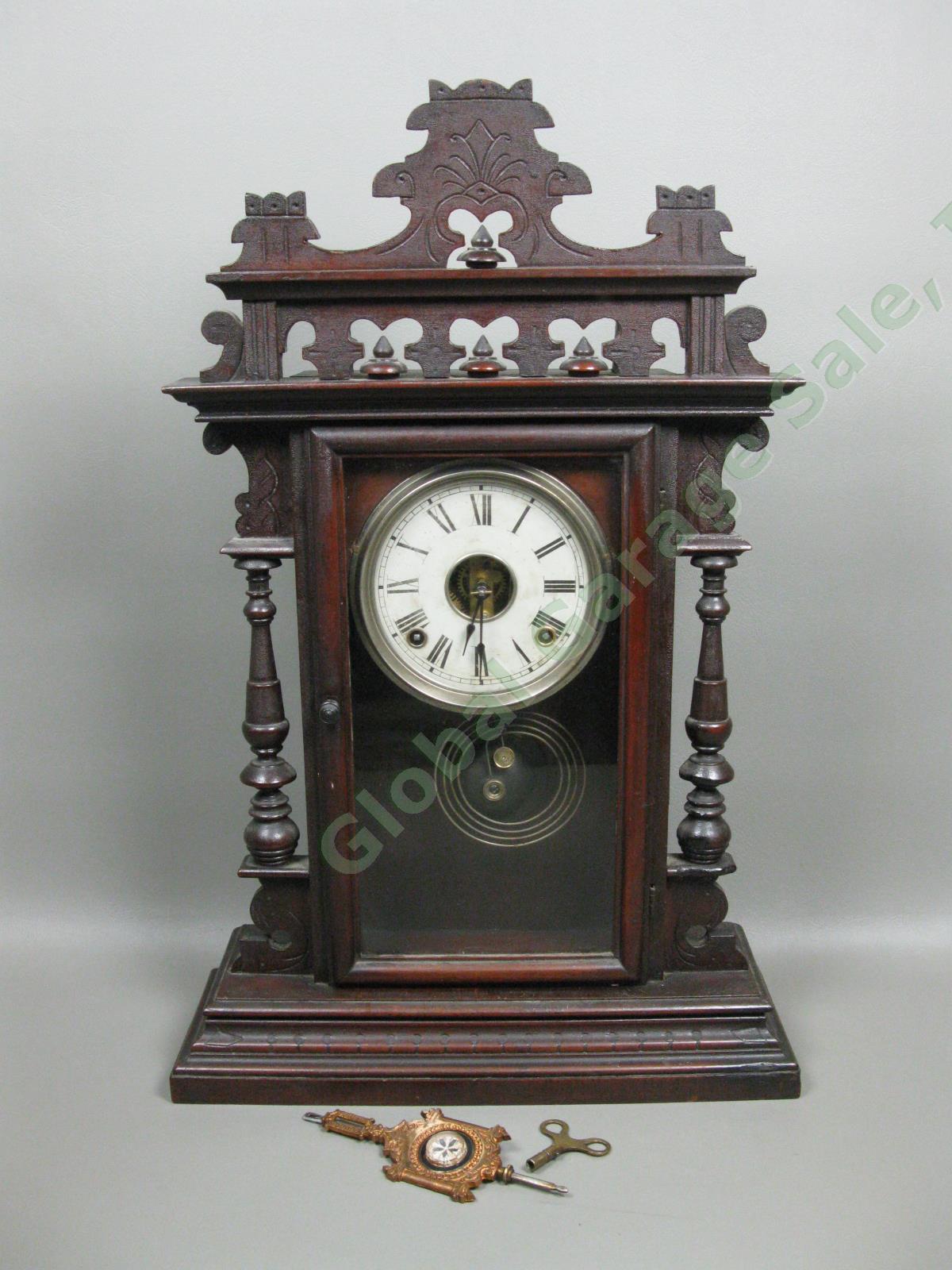 Antique EN Welch Gingerbread Wood Mantle/Shelf Clock w/Key Working! USA NO RES!