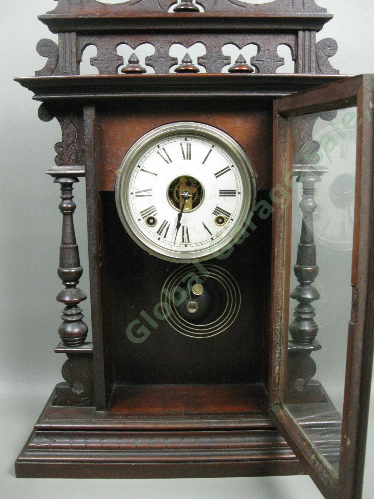 Antique EN Welch Gingerbread Wood Mantle/Shelf Clock w/Key Working! USA NO RES! 1