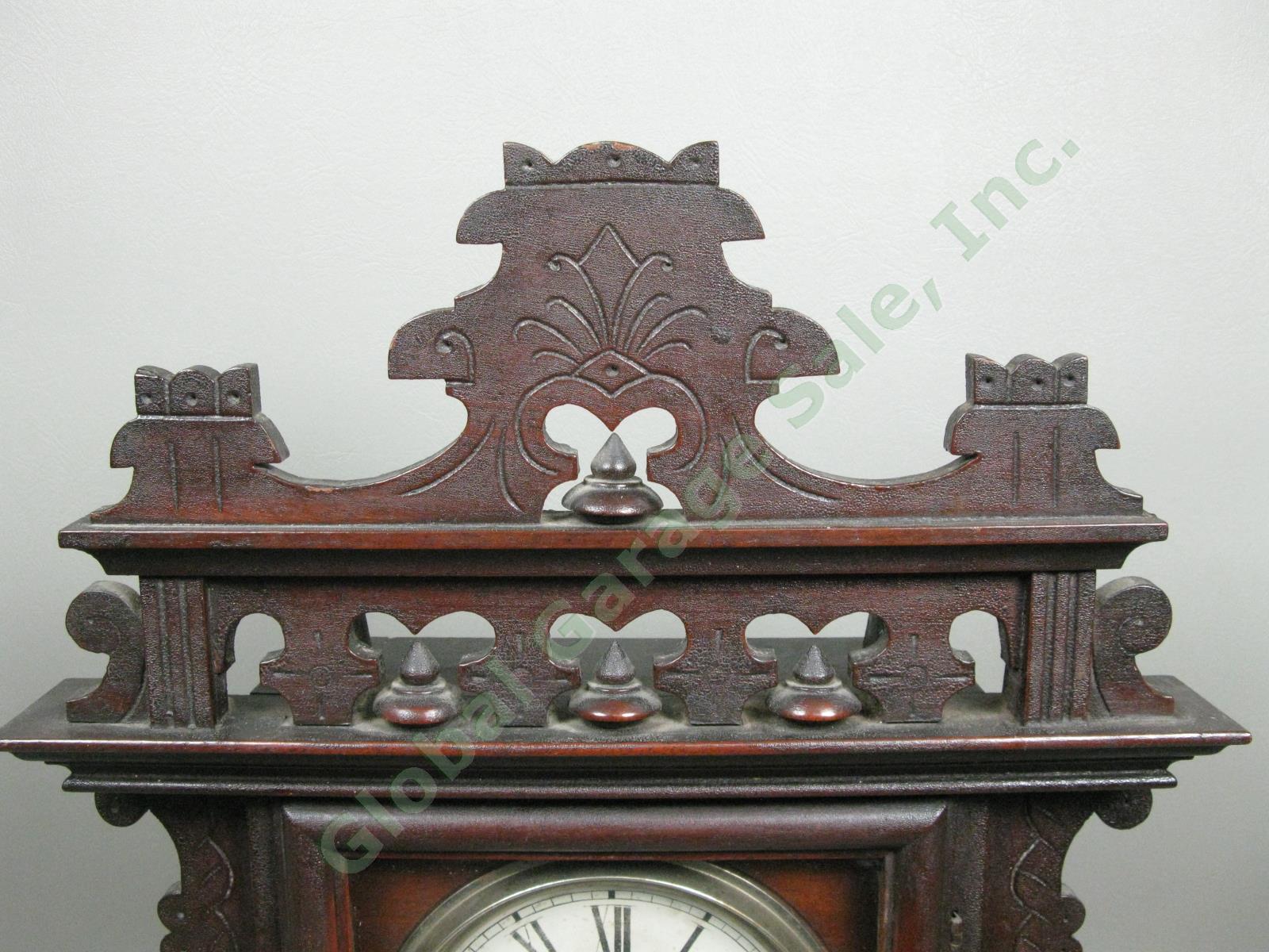 Antique EN Welch Gingerbread Wood Mantle/Shelf Clock w/Key Working! USA NO RES! 2