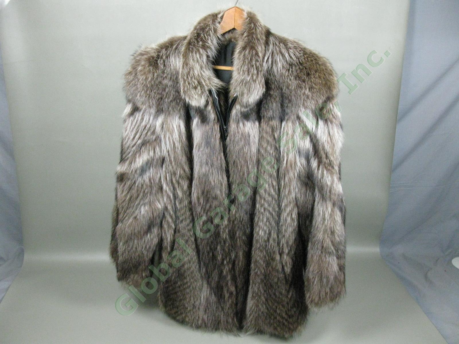 Vintage Feathered Brown Racoon Fur Leather Zippered Car Coat Womens Size 14 NR!