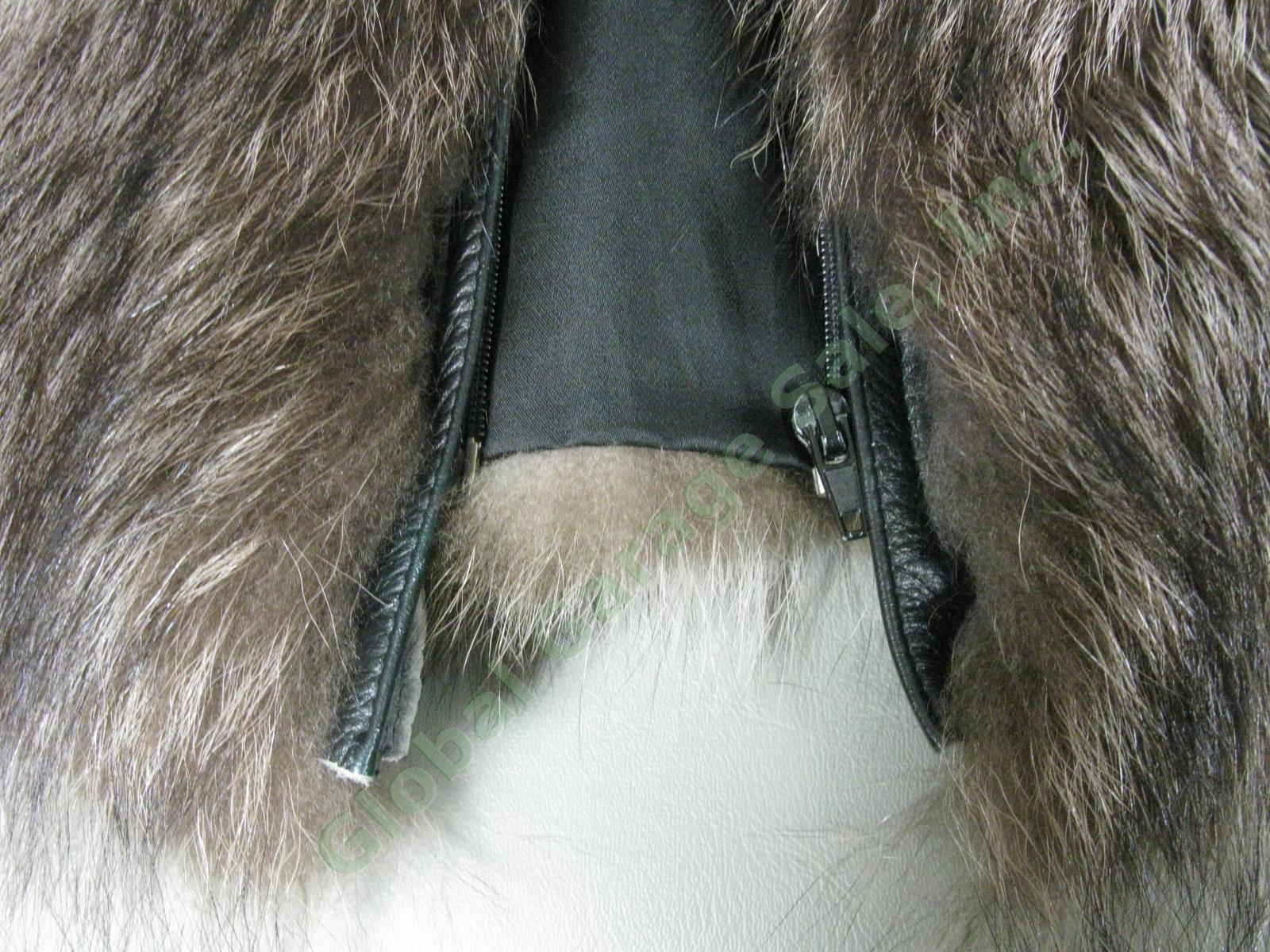 Vintage Feathered Brown Racoon Fur Leather Zippered Car Coat Womens Size 14 NR! 3