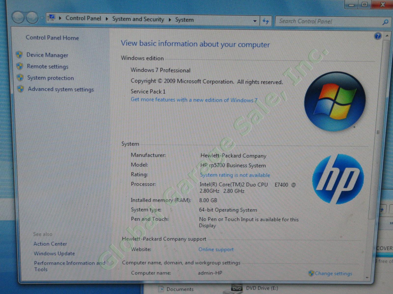 HP RP5700 Desktop Computer Intel E7400 2.80GHz 8GB RAM 230GB HDD Windows 7 Pro 4