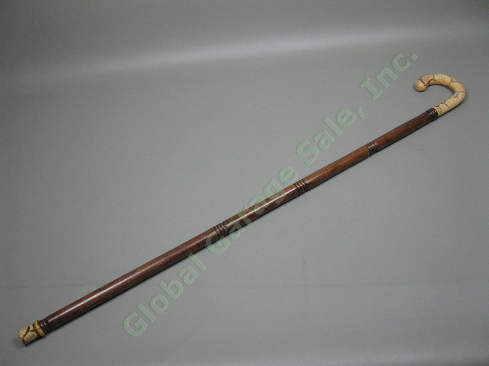 Antique Vintage Wooden & Brass Walking Stick Cane 34.5"-37.5" Lot Snakeskin NR! 3
