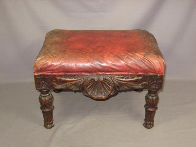 Antique Victorian Carved Oak Wood Footstool Ottoman NR