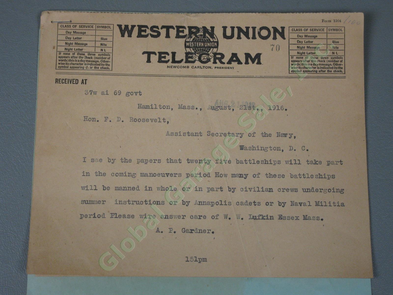 RARE 1916 WWI US Navy Military War Telegram Lot US Rep AP Gardner FDR Roosevelt 1