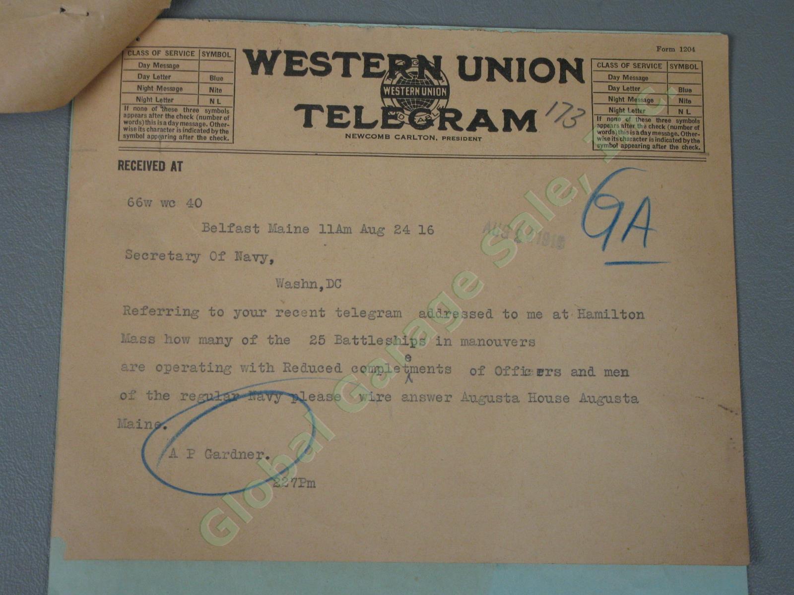 RARE 1916 WWI US Navy Military War Telegram Lot US Rep AP Gardner FDR Roosevelt 2