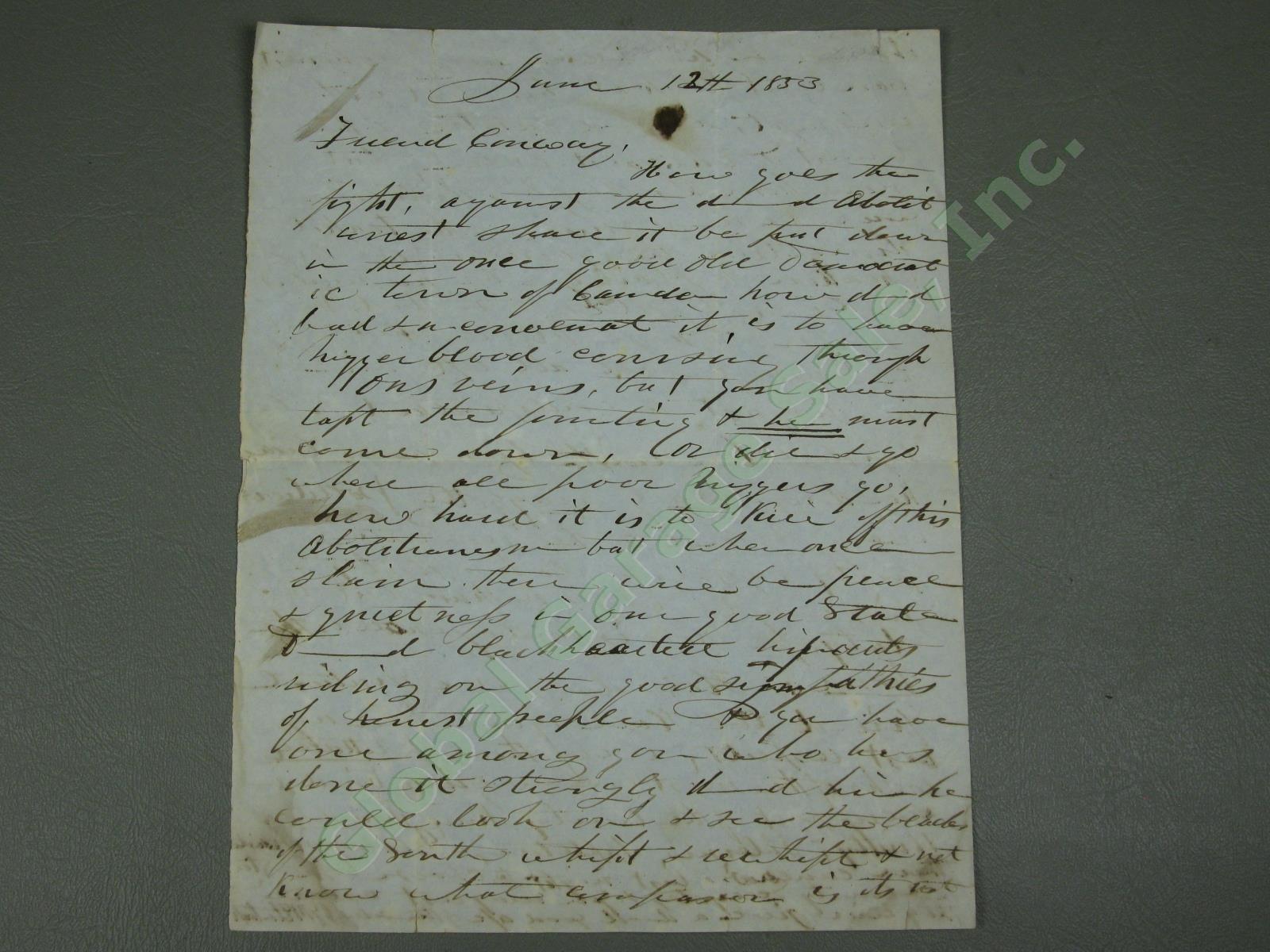Rare Original 1853 Pre-Civil War Anti-Abolitionist Pro-Slavery Letter Maine NR!