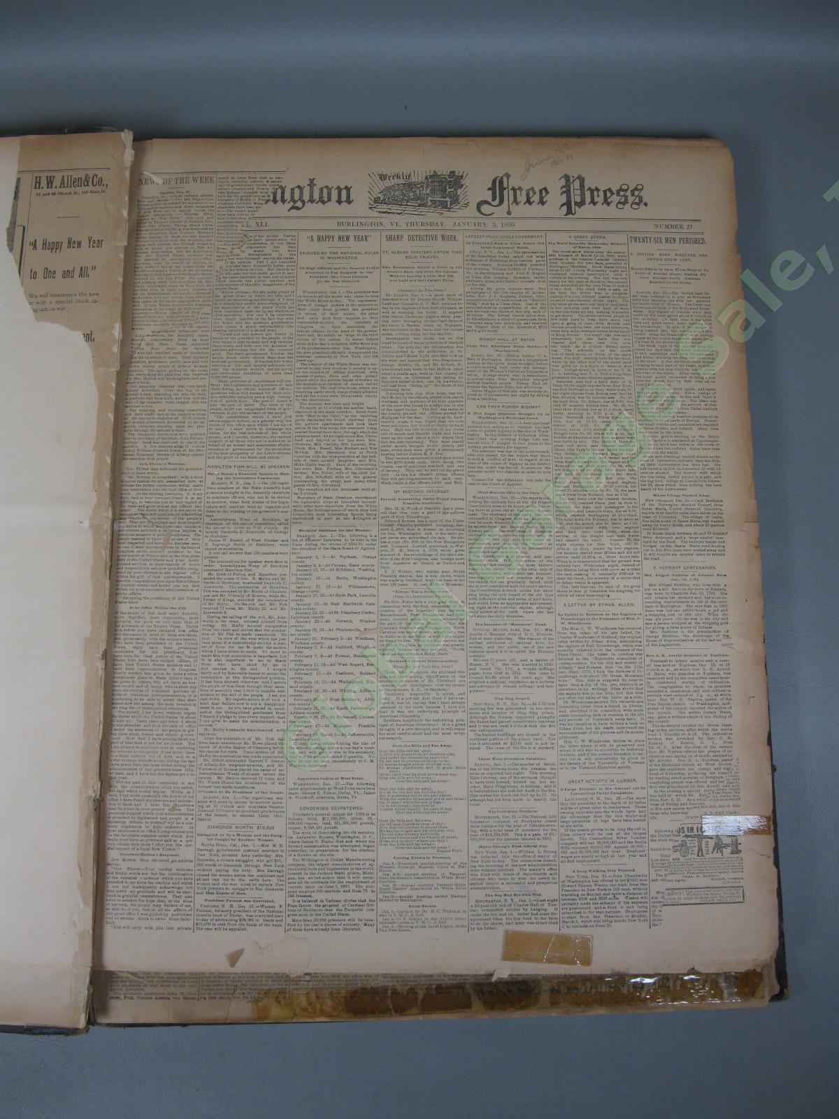 RARE 1895 Full-Year Burlington Free Press 17x23" Bound Newspaper #27 Vermont
