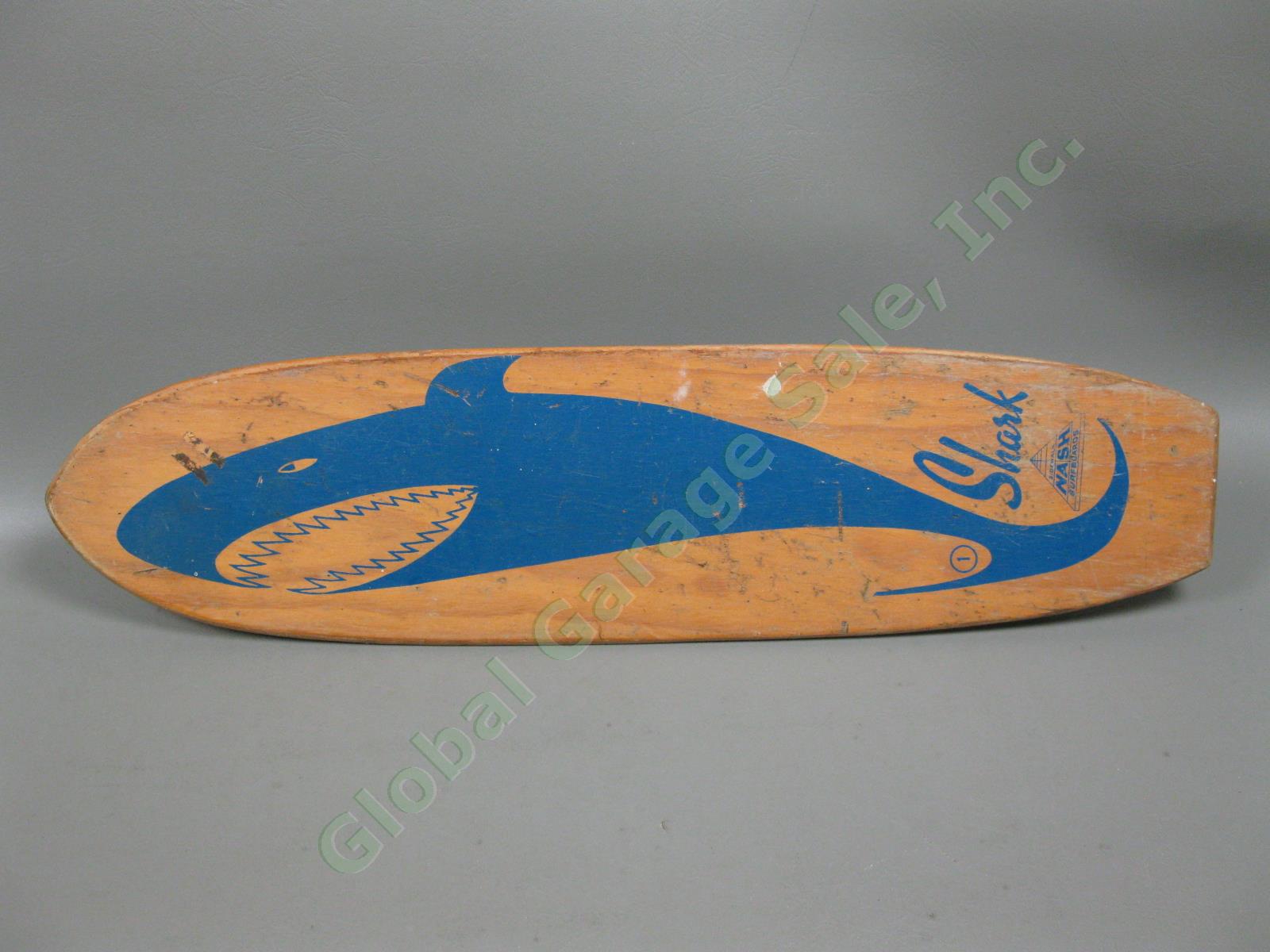Vtg 1960s Blue Shark Sidewalk Nash Surfboard 22" Wooden Skateboard Metal Wheels