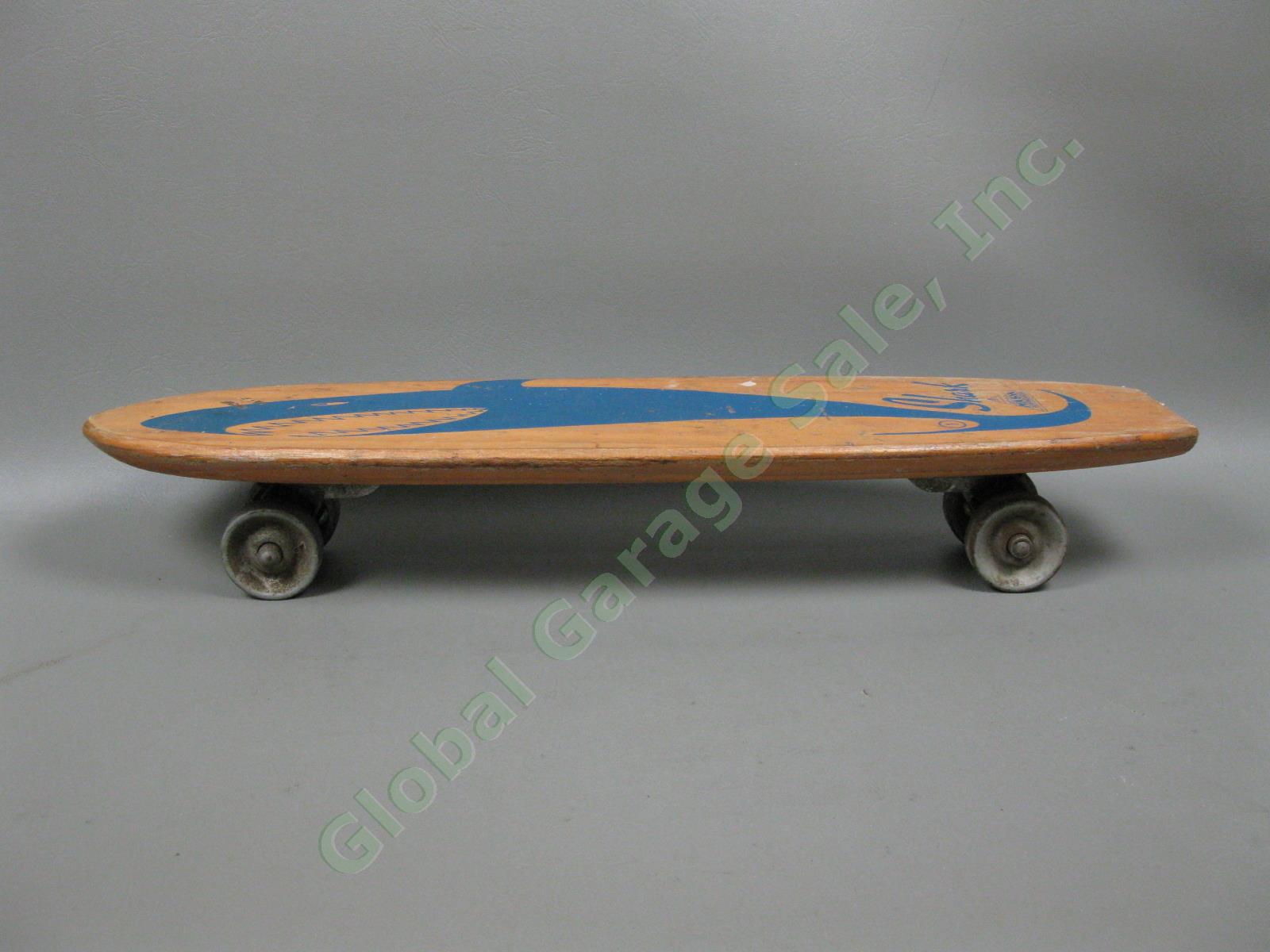Vtg 1960s Blue Shark Sidewalk Nash Surfboard 22" Wooden Skateboard Metal Wheels 2