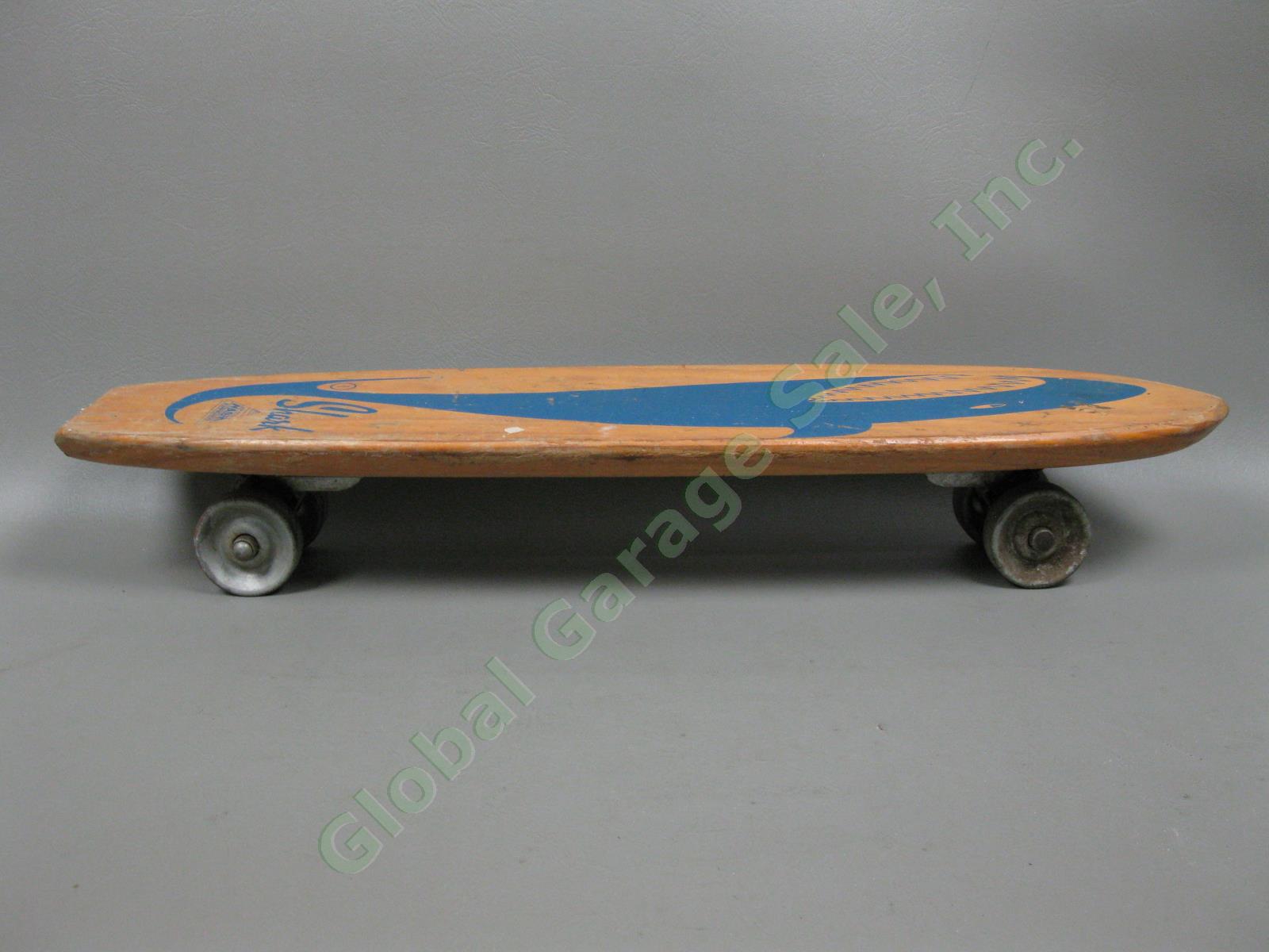 Vtg 1960s Blue Shark Sidewalk Nash Surfboard 22" Wooden Skateboard Metal Wheels 3