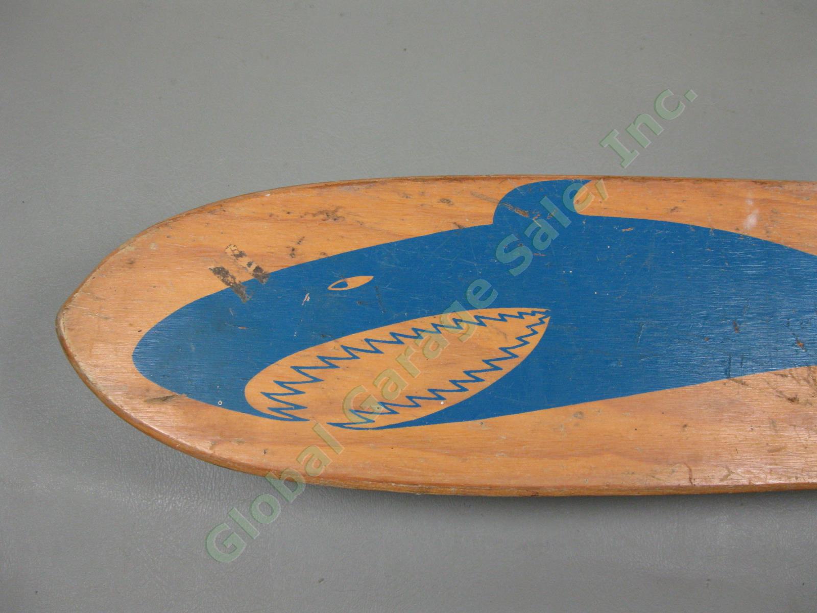 Vtg 1960s Blue Shark Sidewalk Nash Surfboard 22" Wooden Skateboard Metal Wheels 6