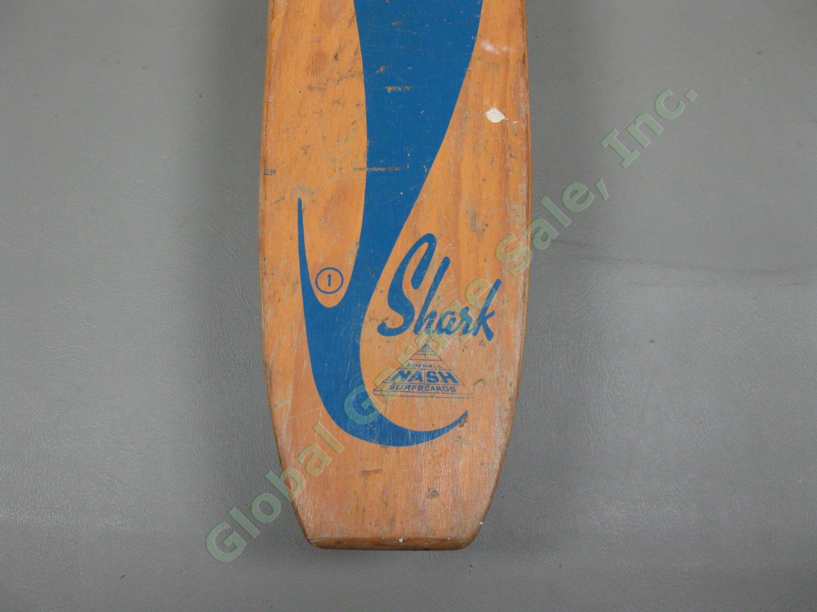 Vtg 1960s Blue Shark Sidewalk Nash Surfboard 22" Wooden Skateboard Metal Wheels 7