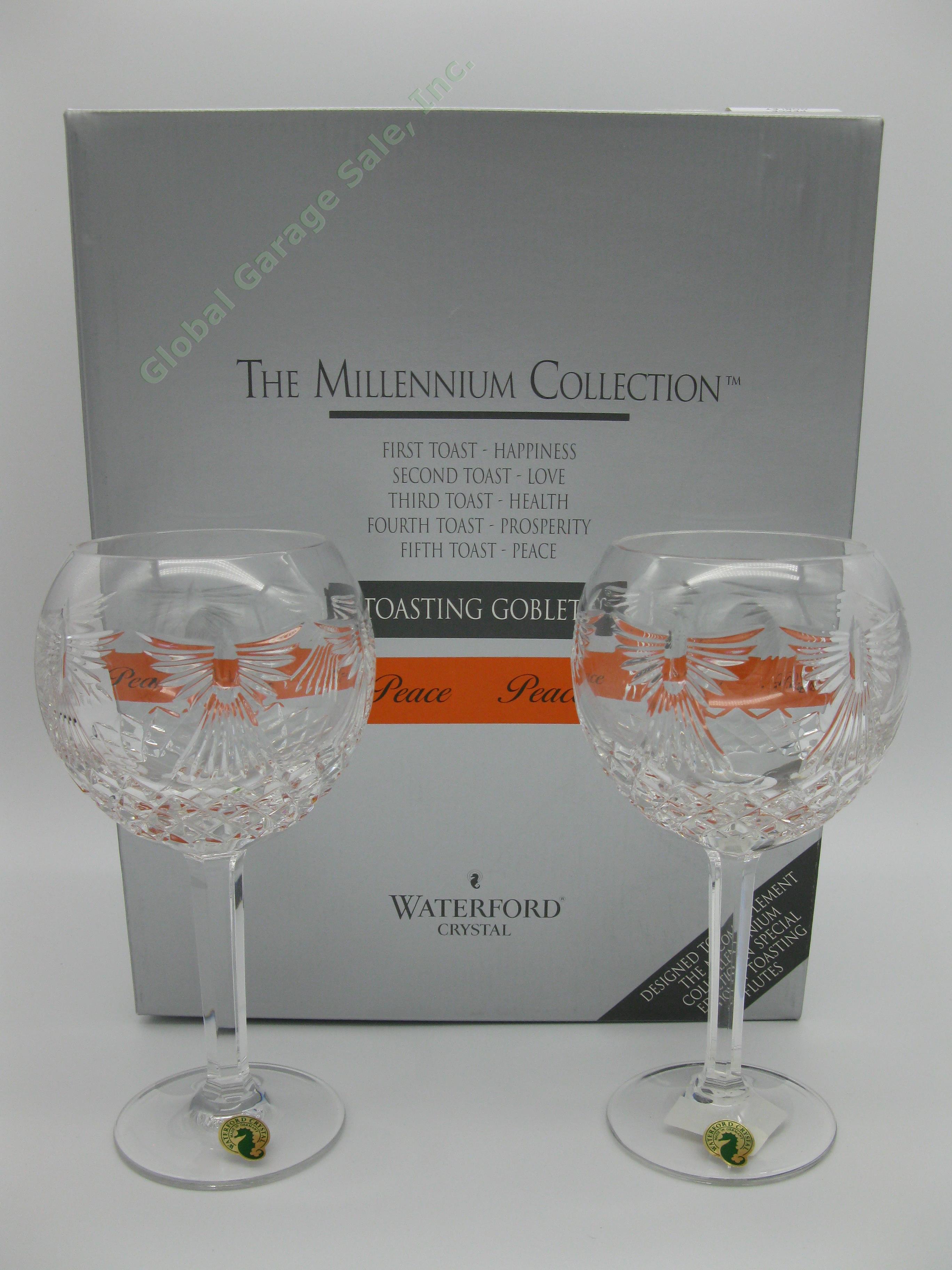 Waterford Crystal Millennium Collection PEACE 8" Toasting Goblets Glass Set MINT