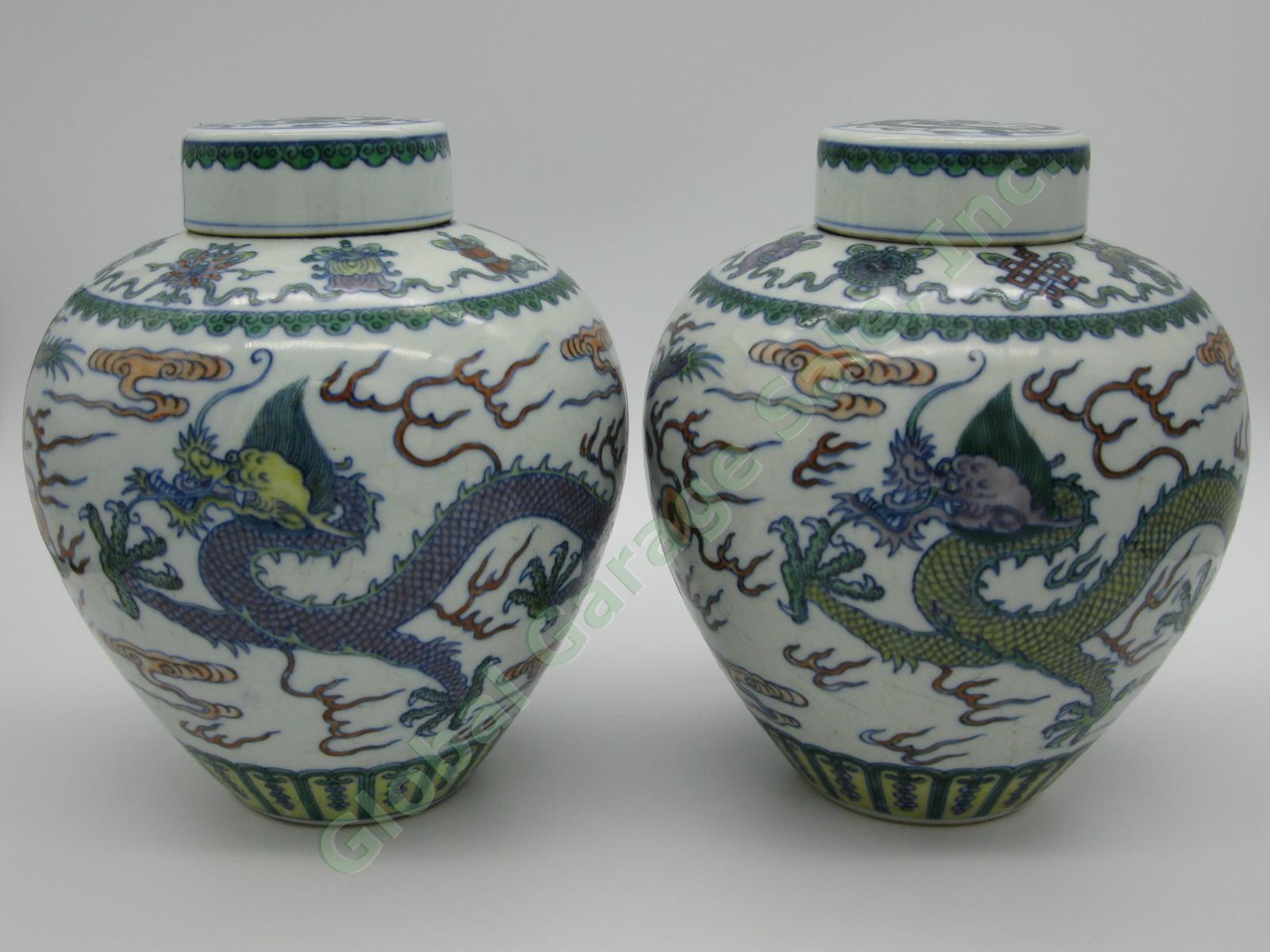 2 RARE Antique Chinese Qianlong Enamelled Doucai Azure Green Dragon Jar Lid Pair