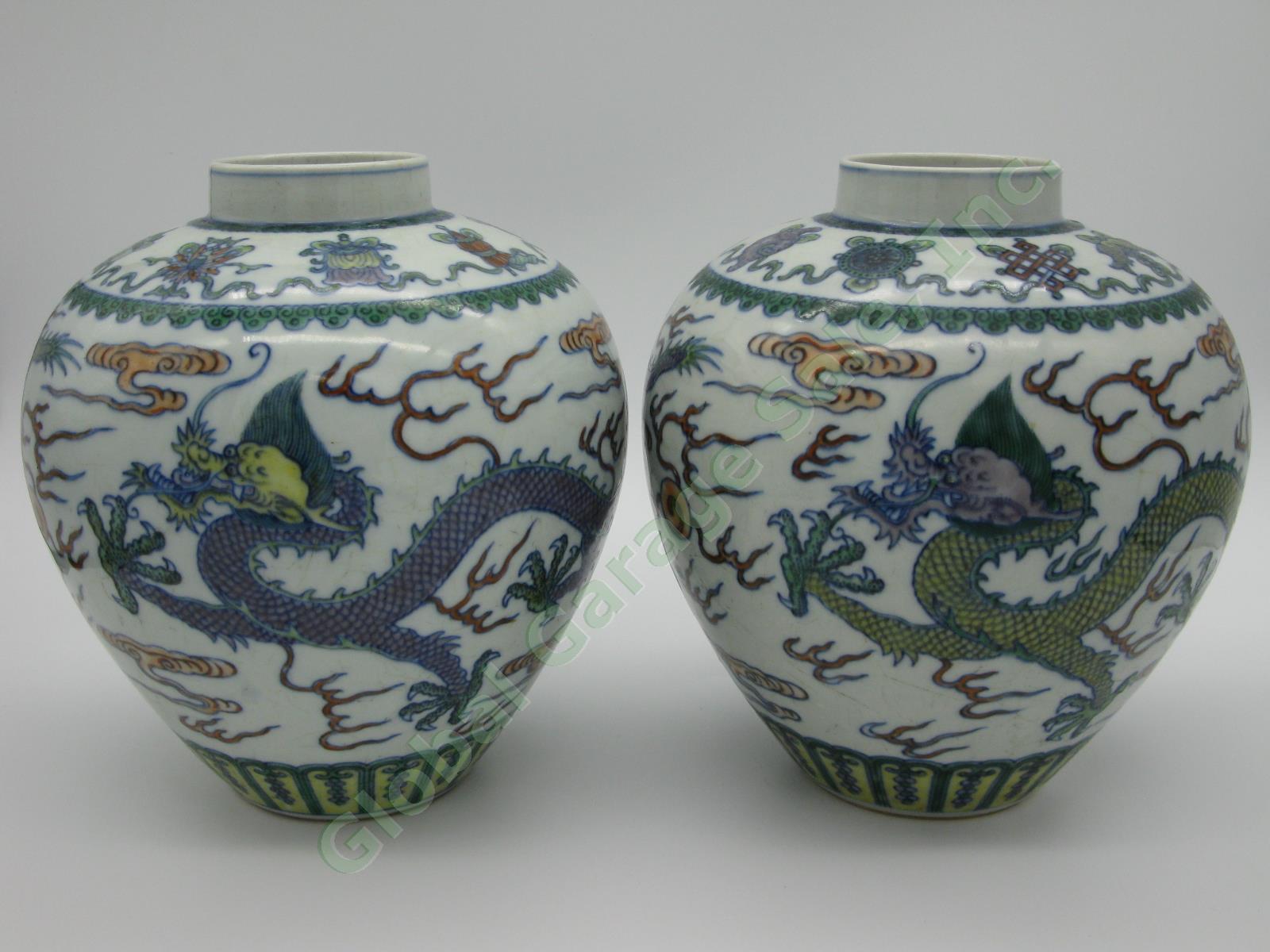 2 RARE Antique Chinese Qianlong Enamelled Doucai Azure Green Dragon Jar Lid Pair 1