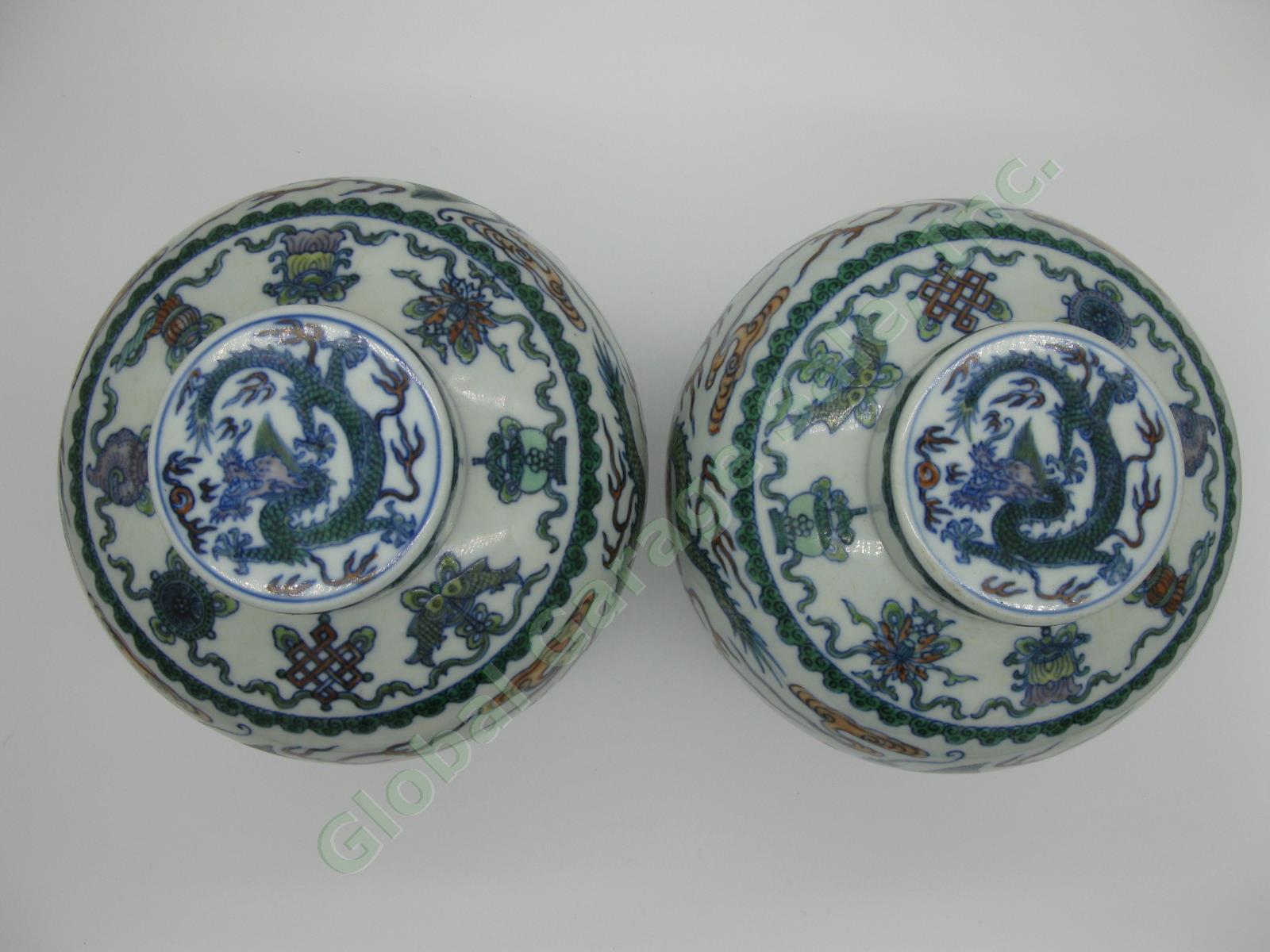 2 RARE Antique Chinese Qianlong Enamelled Doucai Azure Green Dragon Jar Lid Pair 2