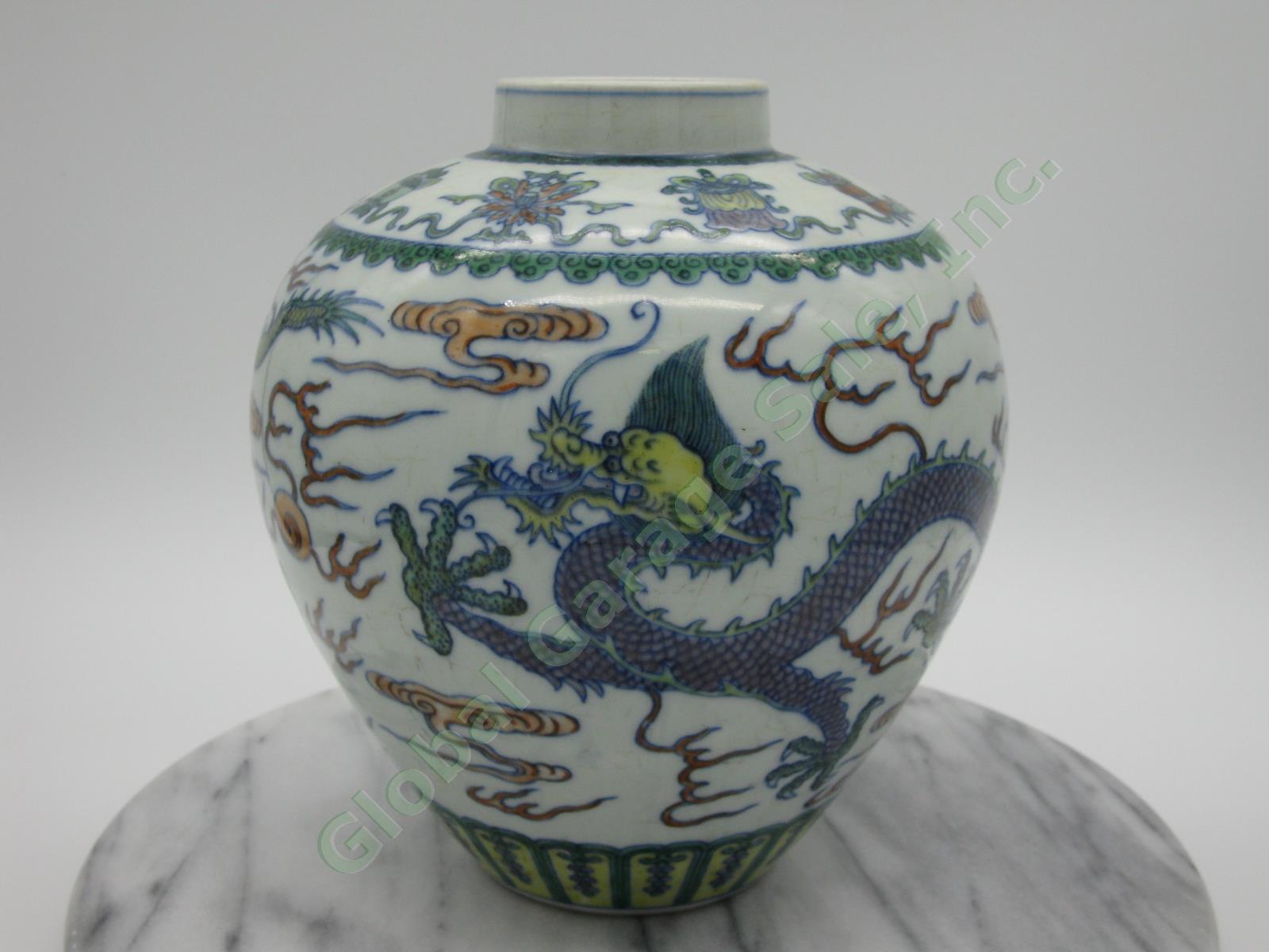 2 RARE Antique Chinese Qianlong Enamelled Doucai Azure Green Dragon Jar Lid Pair 5