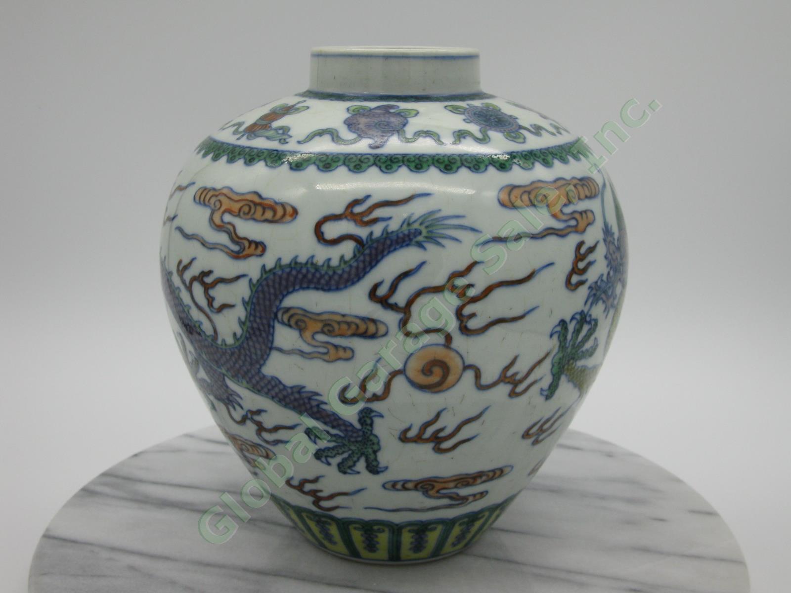 2 RARE Antique Chinese Qianlong Enamelled Doucai Azure Green Dragon Jar Lid Pair 7