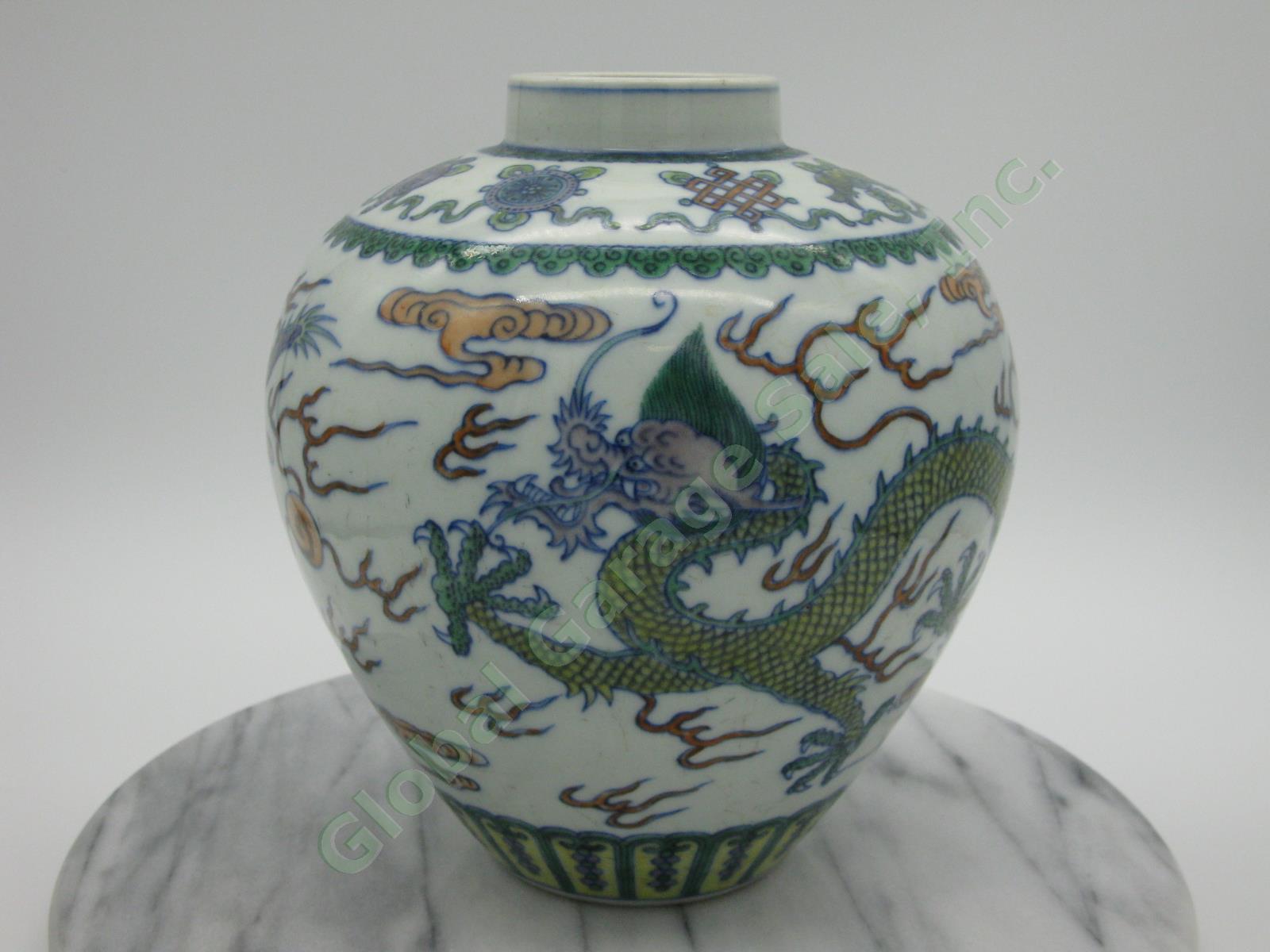 2 RARE Antique Chinese Qianlong Enamelled Doucai Azure Green Dragon Jar Lid Pair 8