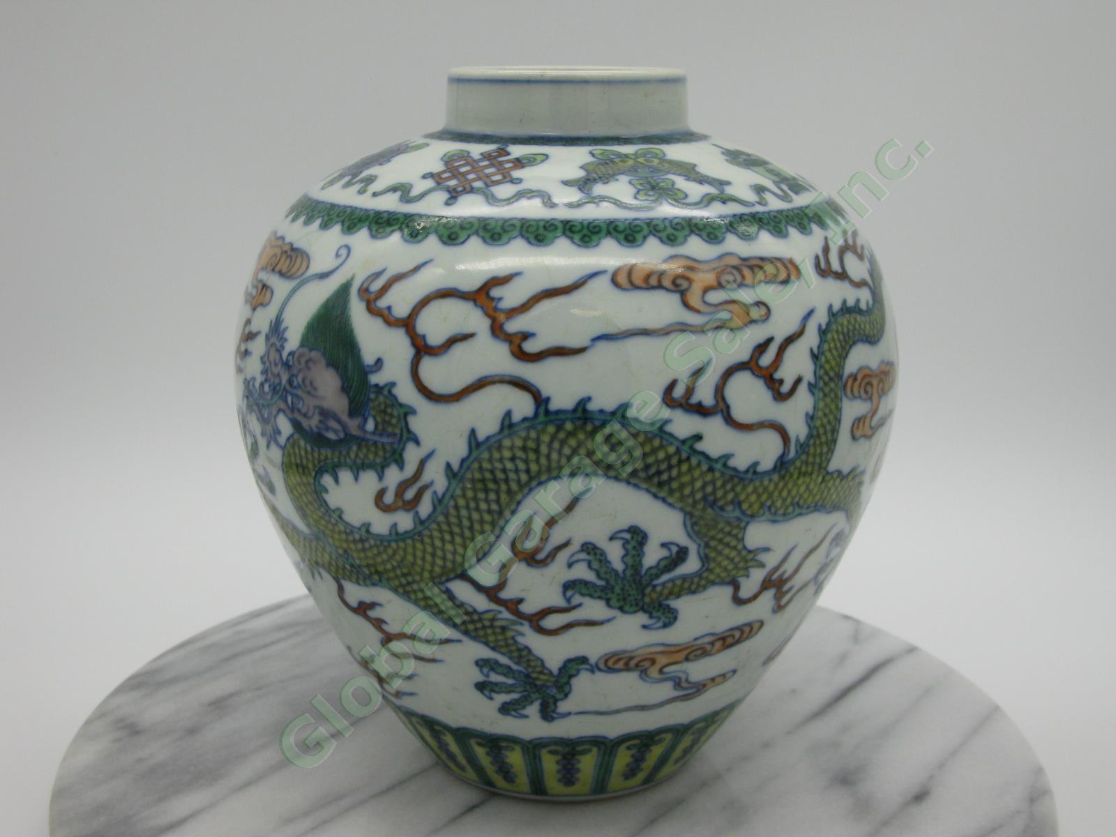 2 RARE Antique Chinese Qianlong Enamelled Doucai Azure Green Dragon Jar Lid Pair 9