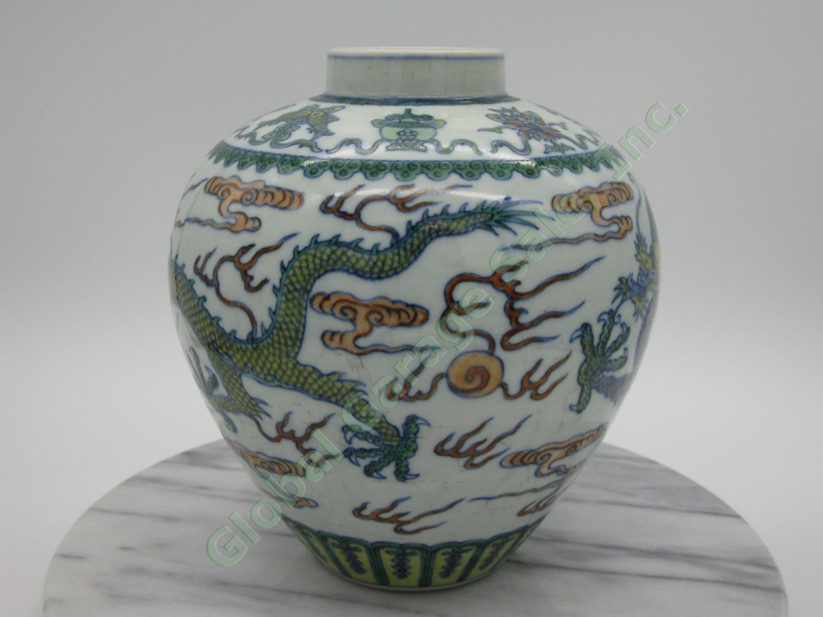 2 RARE Antique Chinese Qianlong Enamelled Doucai Azure Green Dragon Jar Lid Pair 10