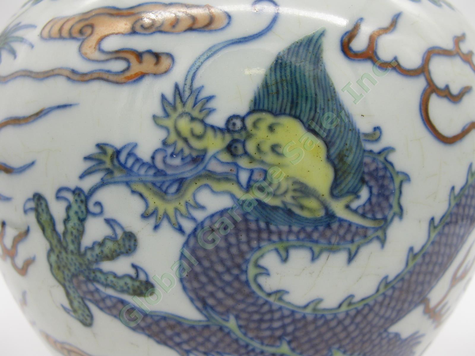 2 RARE Antique Chinese Qianlong Enamelled Doucai Azure Green Dragon Jar Lid Pair 12