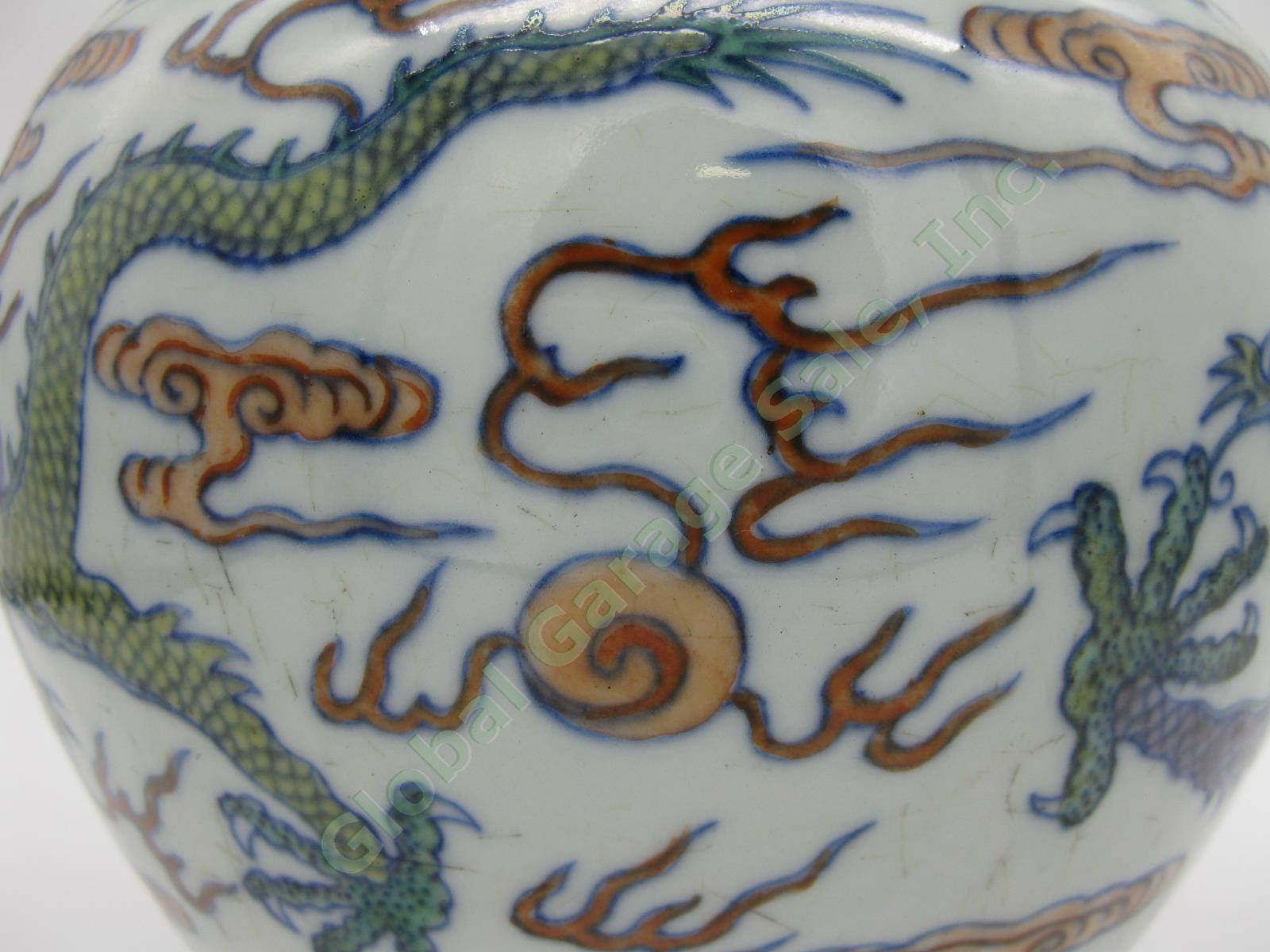 2 RARE Antique Chinese Qianlong Enamelled Doucai Azure Green Dragon Jar Lid Pair 13