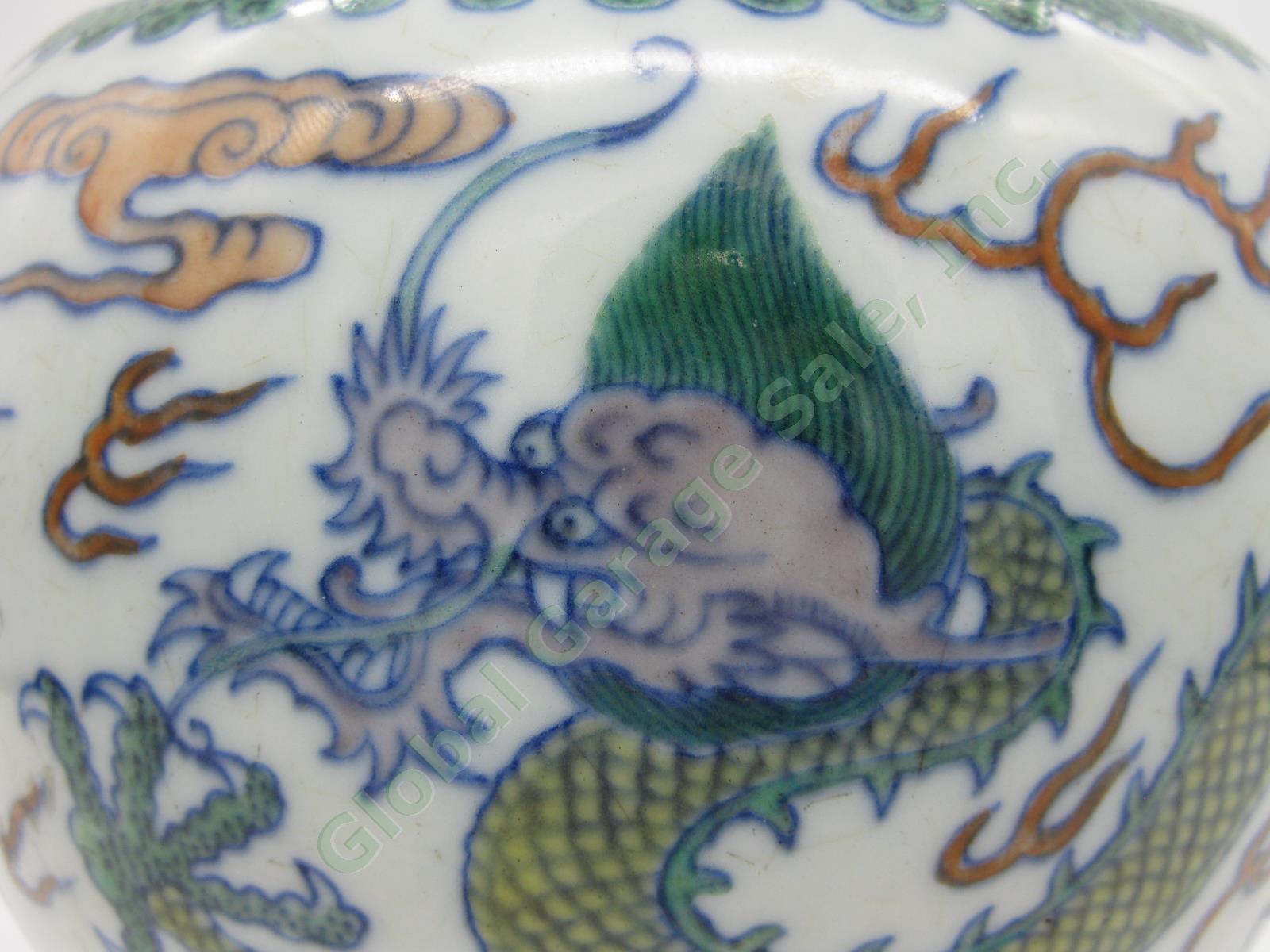 2 RARE Antique Chinese Qianlong Enamelled Doucai Azure Green Dragon Jar Lid Pair 14