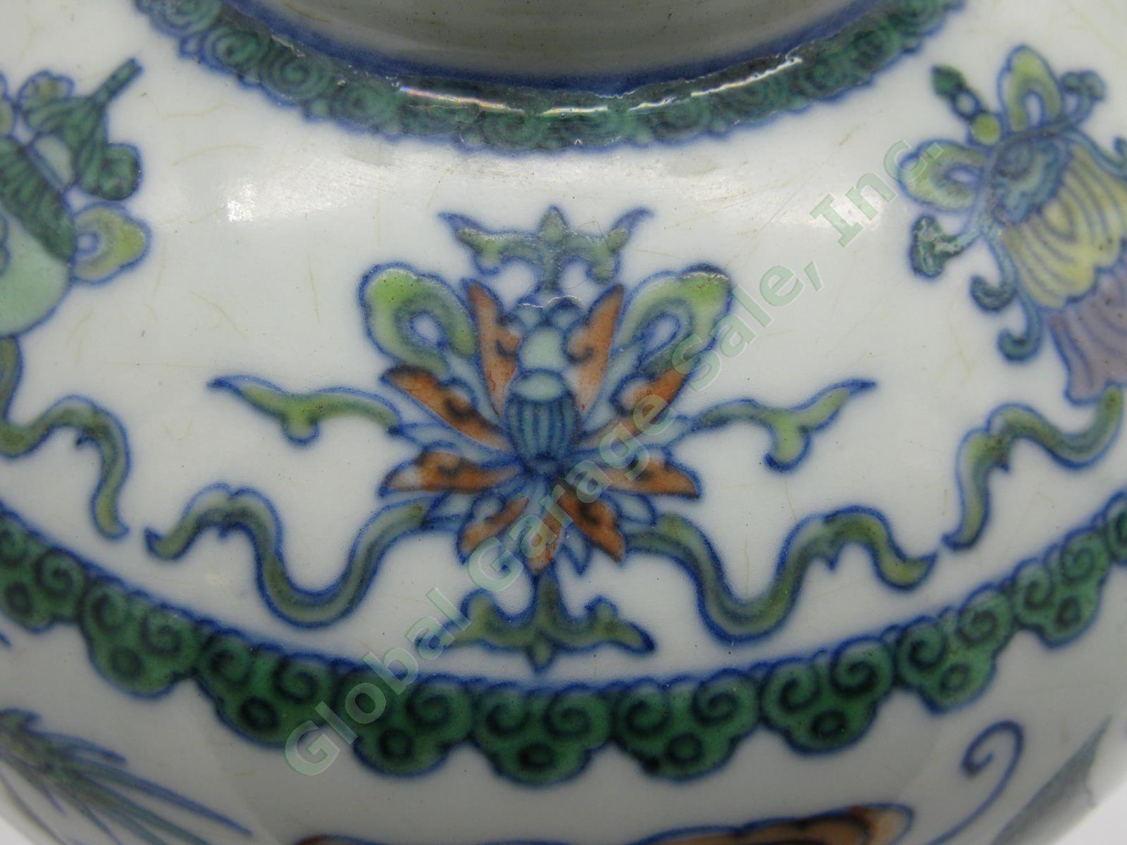 2 RARE Antique Chinese Qianlong Enamelled Doucai Azure Green Dragon Jar Lid Pair 16