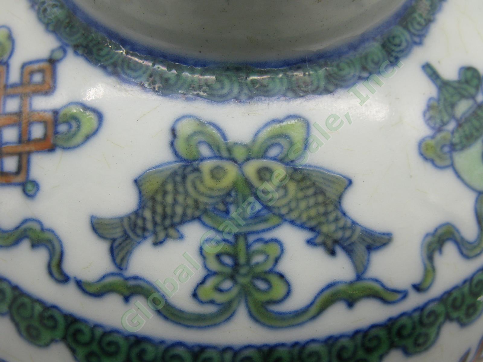 2 RARE Antique Chinese Qianlong Enamelled Doucai Azure Green Dragon Jar Lid Pair 17