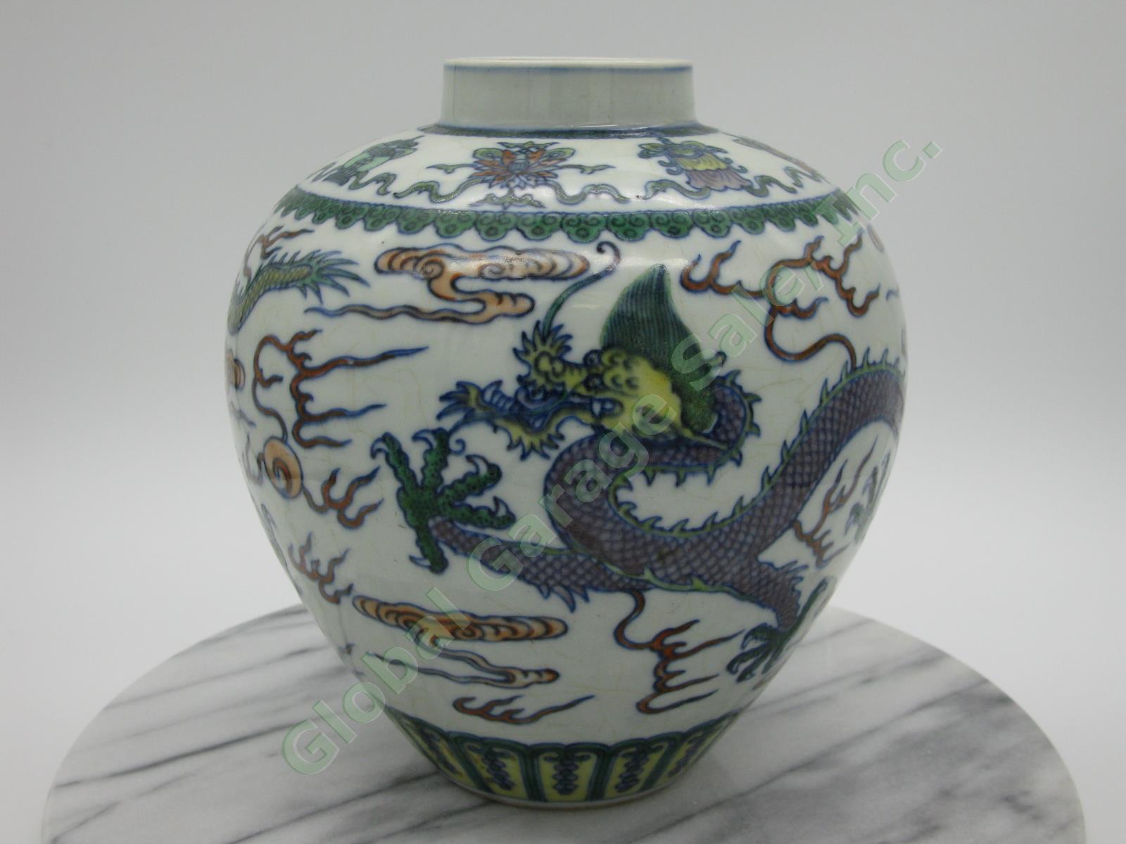 2 RARE Antique Chinese Qianlong Enamelled Doucai Azure Green Dragon Jar Lid Pair 21