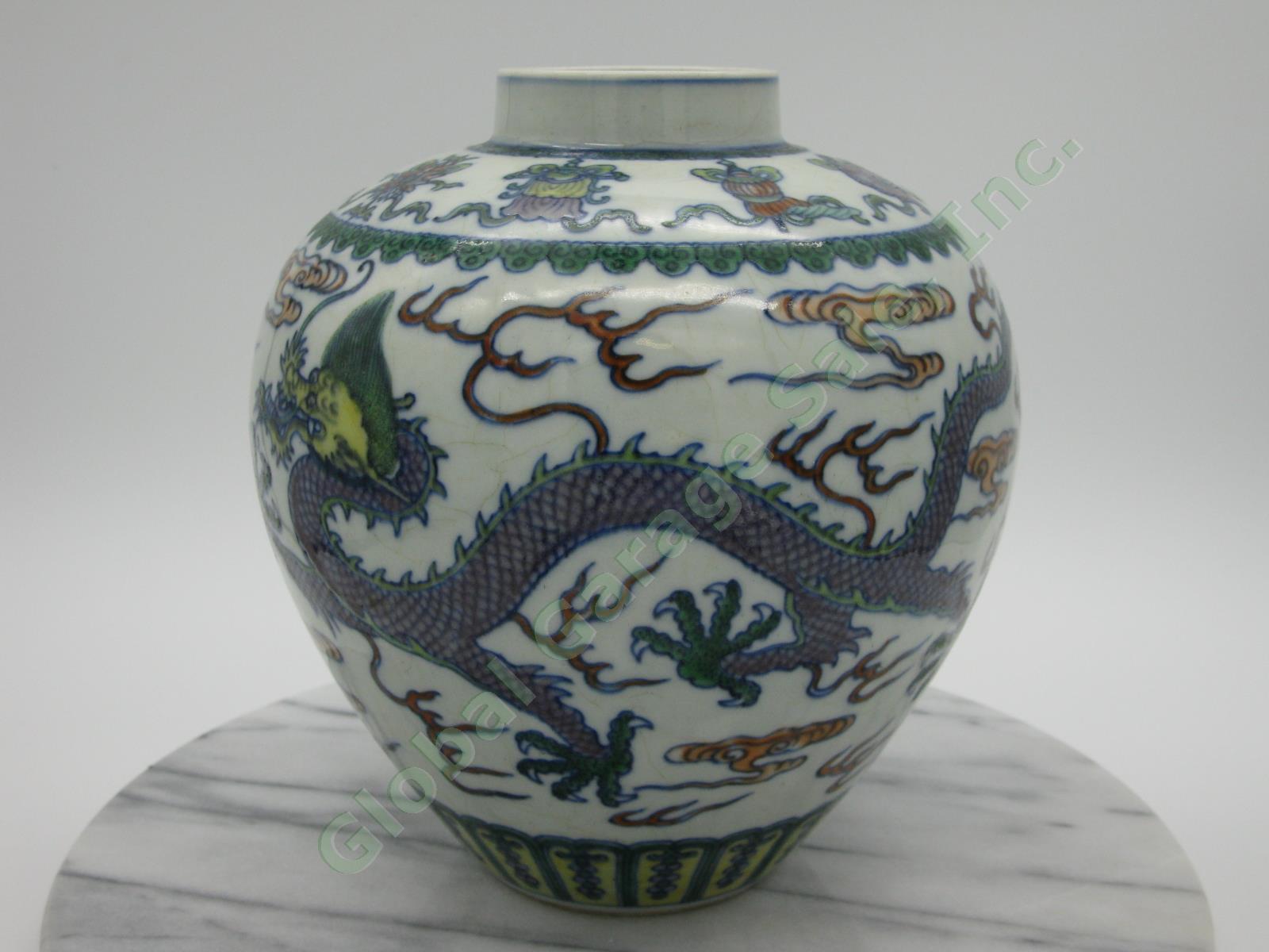 2 RARE Antique Chinese Qianlong Enamelled Doucai Azure Green Dragon Jar Lid Pair 22