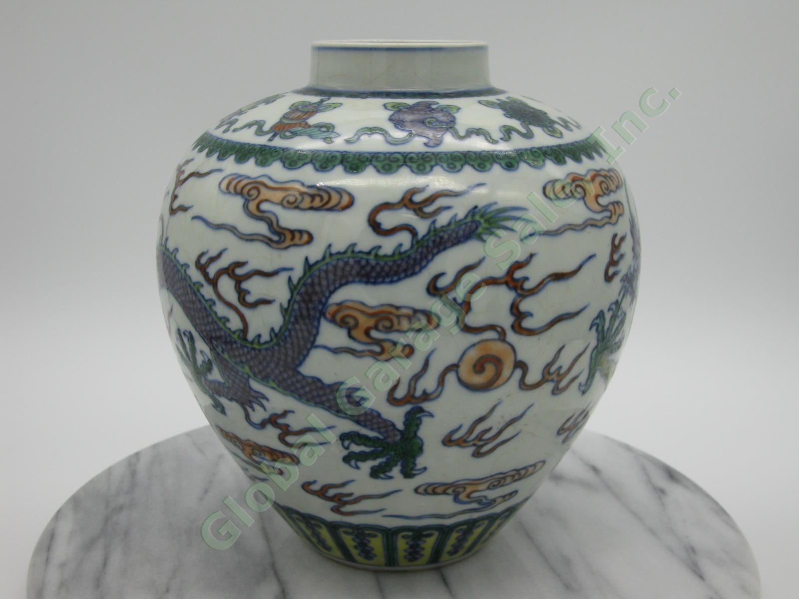 2 RARE Antique Chinese Qianlong Enamelled Doucai Azure Green Dragon Jar Lid Pair 23