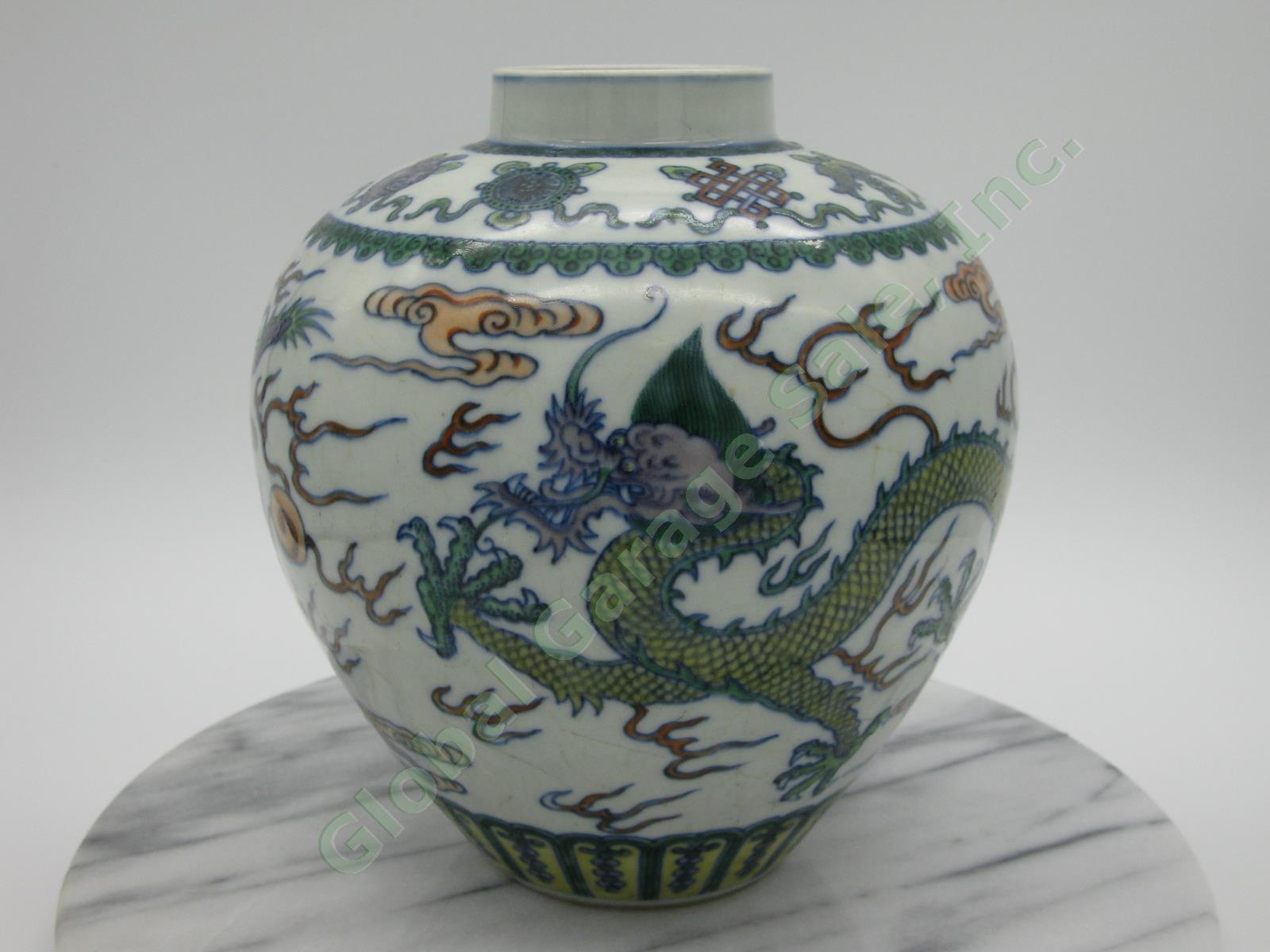 2 RARE Antique Chinese Qianlong Enamelled Doucai Azure Green Dragon Jar Lid Pair 24