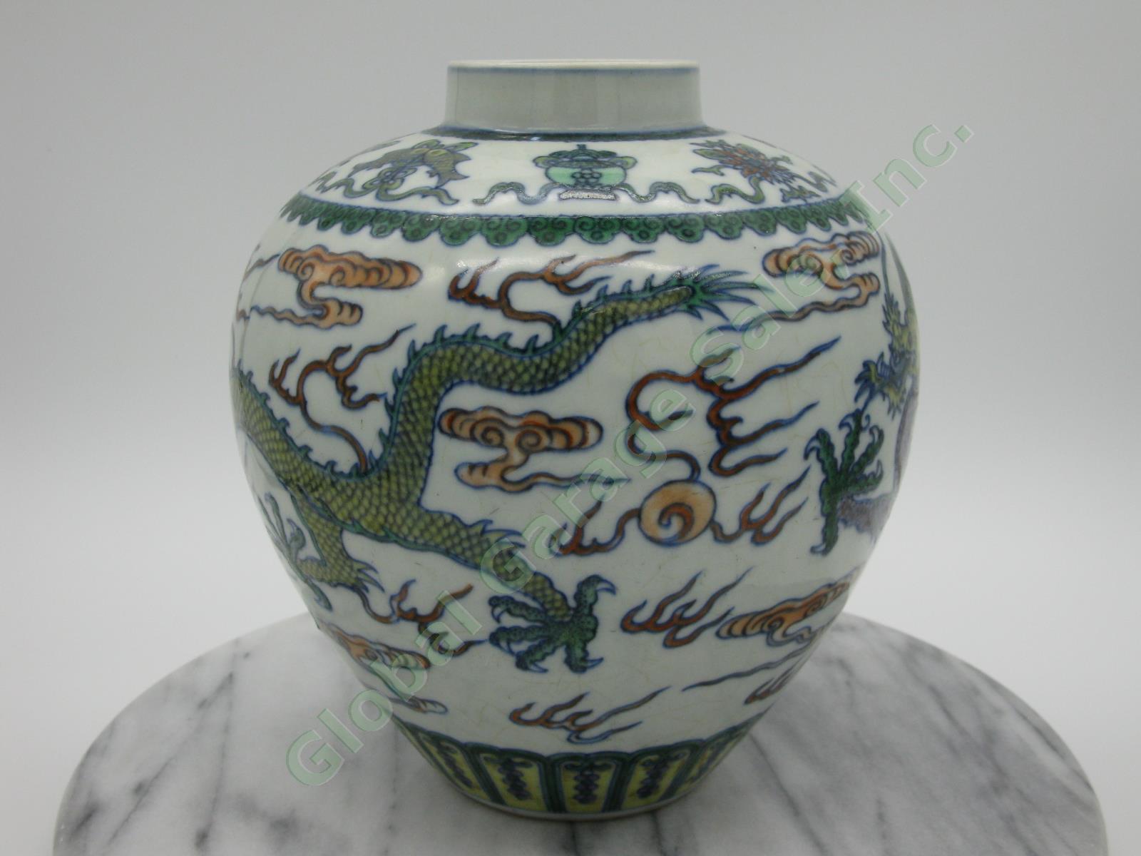 2 RARE Antique Chinese Qianlong Enamelled Doucai Azure Green Dragon Jar Lid Pair 26