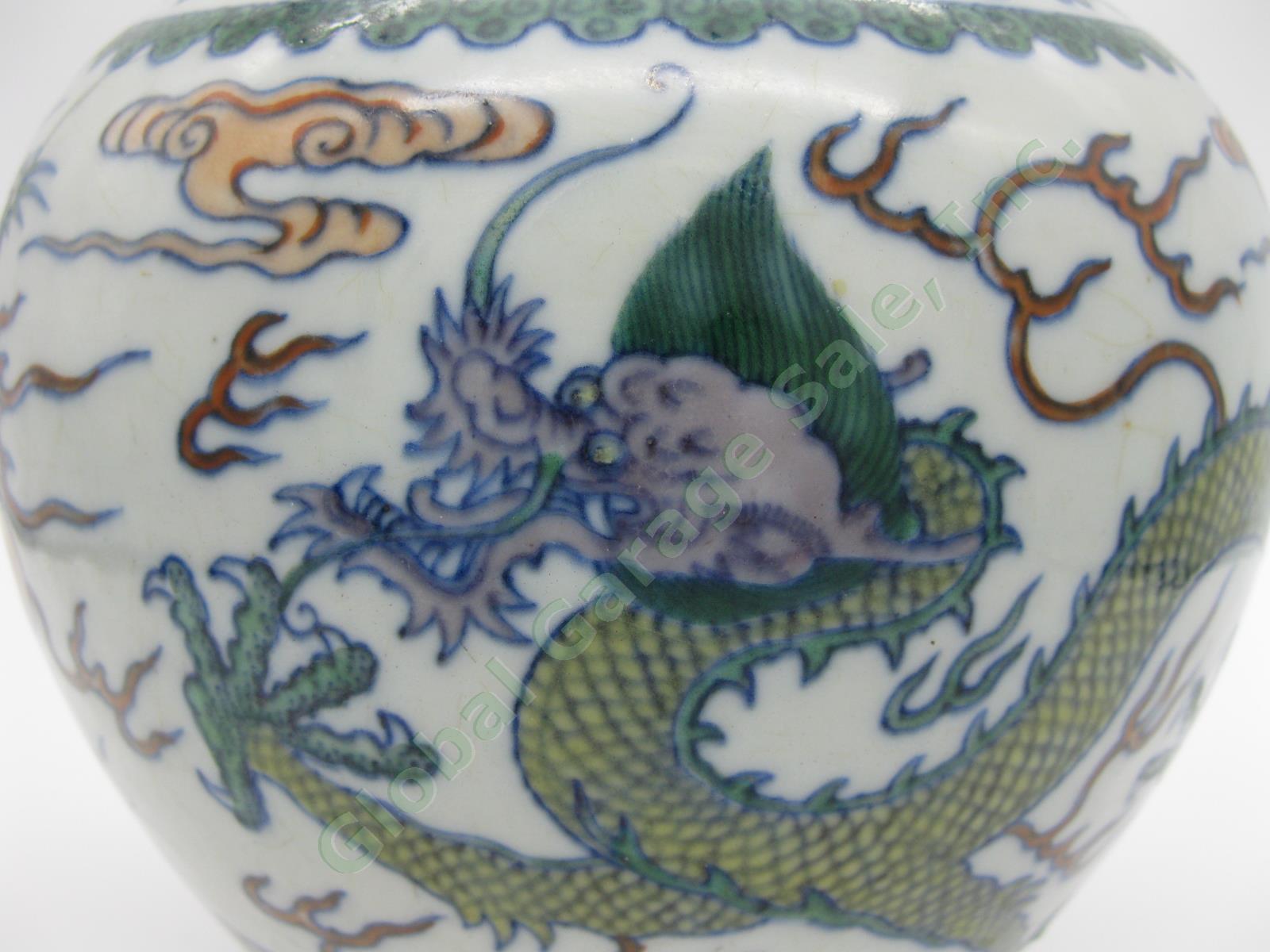 2 RARE Antique Chinese Qianlong Enamelled Doucai Azure Green Dragon Jar Lid Pair 27