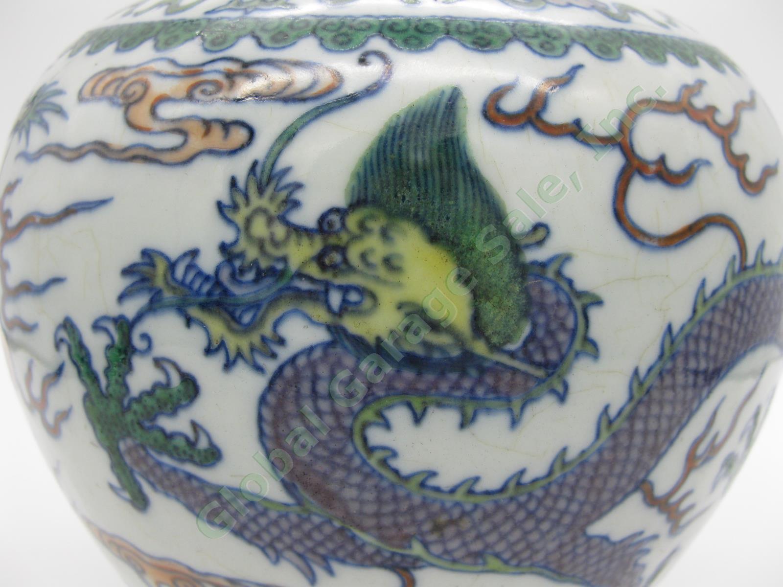 2 RARE Antique Chinese Qianlong Enamelled Doucai Azure Green Dragon Jar Lid Pair 28