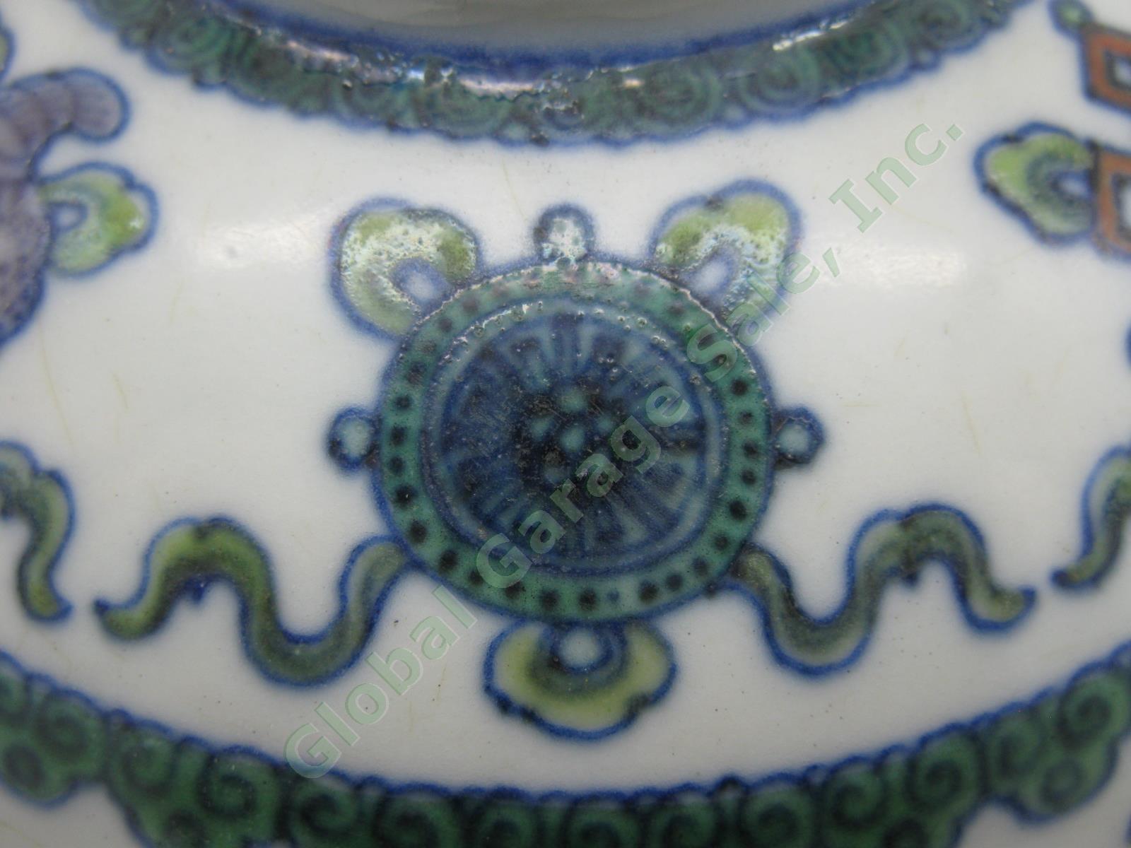 2 RARE Antique Chinese Qianlong Enamelled Doucai Azure Green Dragon Jar Lid Pair 30