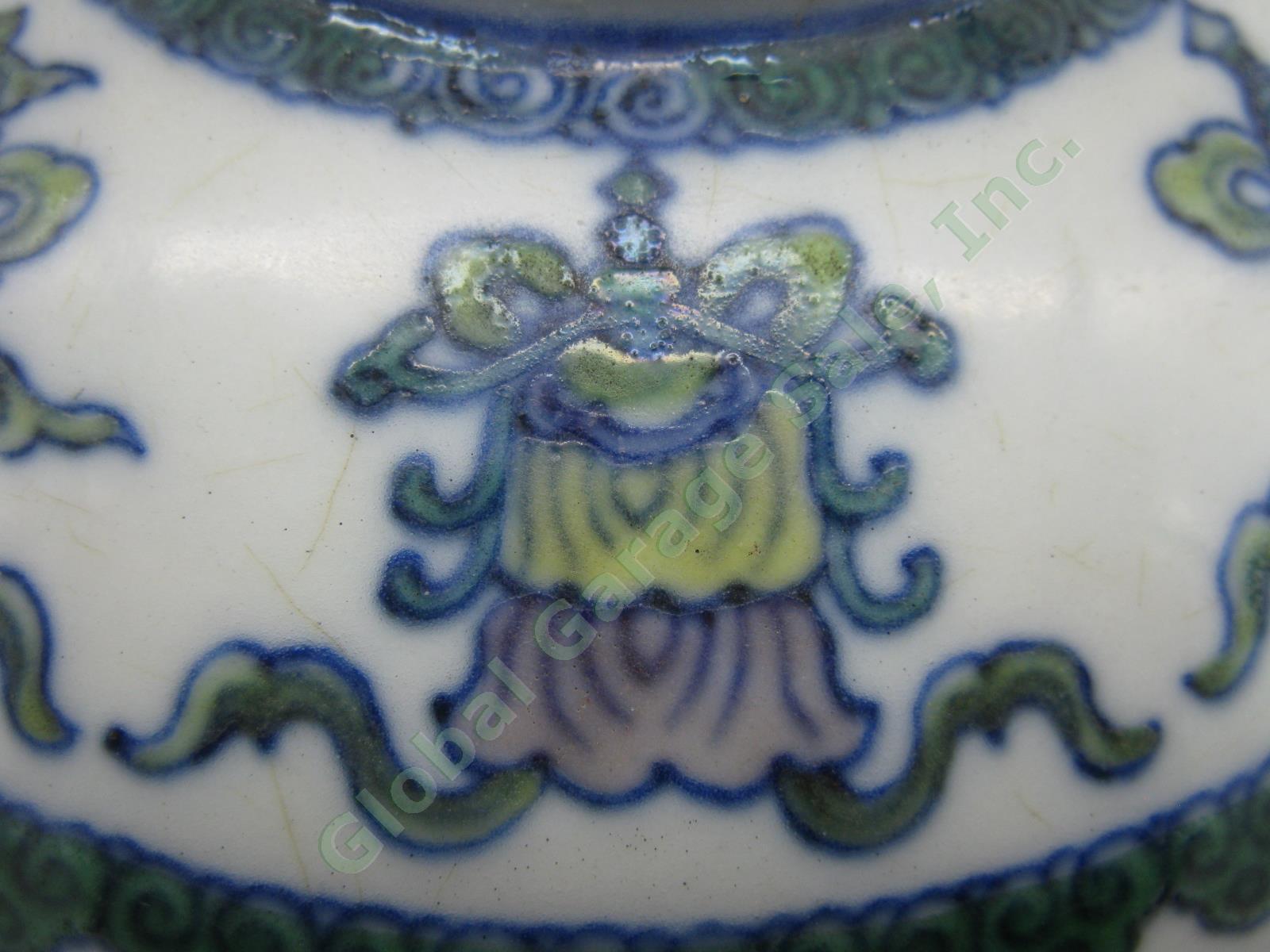 2 RARE Antique Chinese Qianlong Enamelled Doucai Azure Green Dragon Jar Lid Pair 31