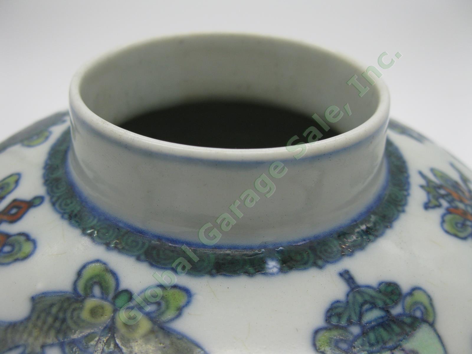 2 RARE Antique Chinese Qianlong Enamelled Doucai Azure Green Dragon Jar Lid Pair 32