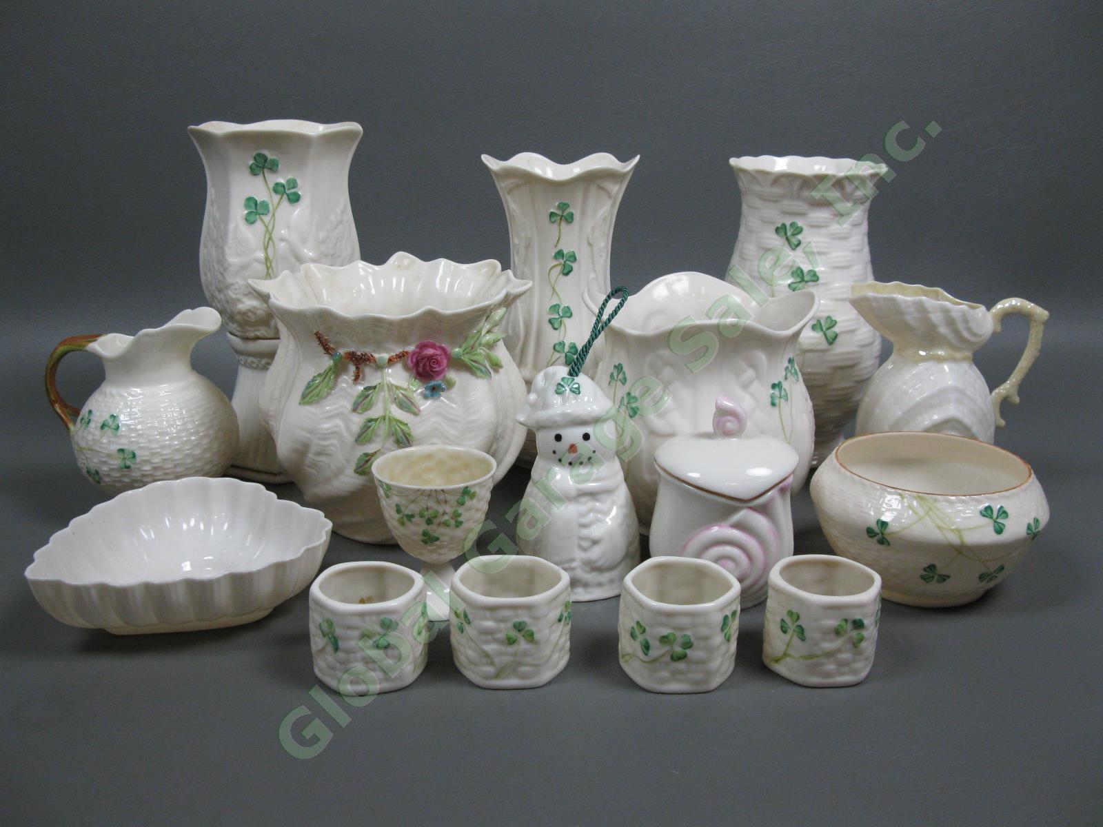 Belleek Millennium Shamrock Basketweave Vase Candleholder Creamer Sugar Bowl Lot