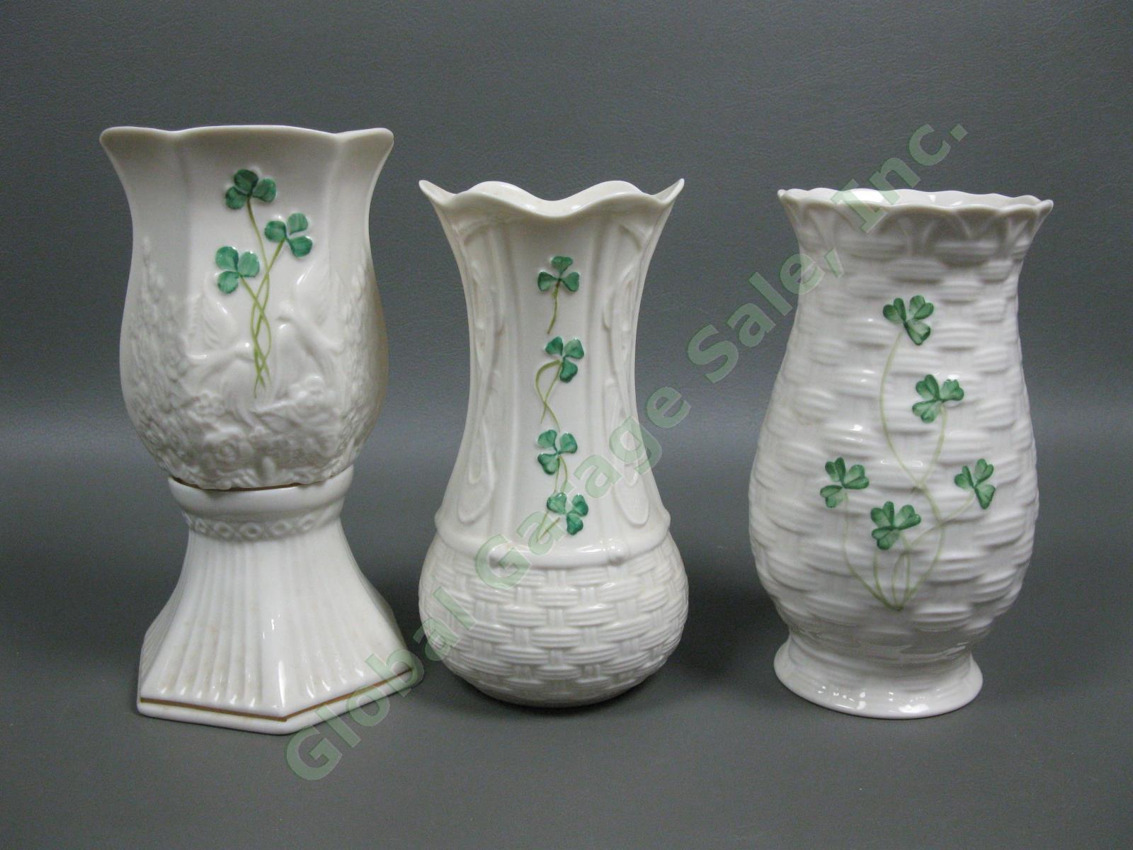 Belleek Millennium Shamrock Basketweave Vase Candleholder Creamer Sugar Bowl Lot 1