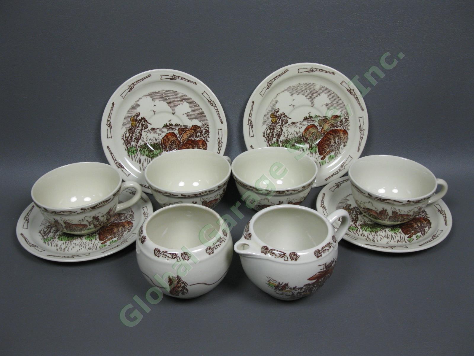 Vernon Kilns Winchester 73 Frontier Days Tea Cups Saucers Creamer Sugar Bowl Set