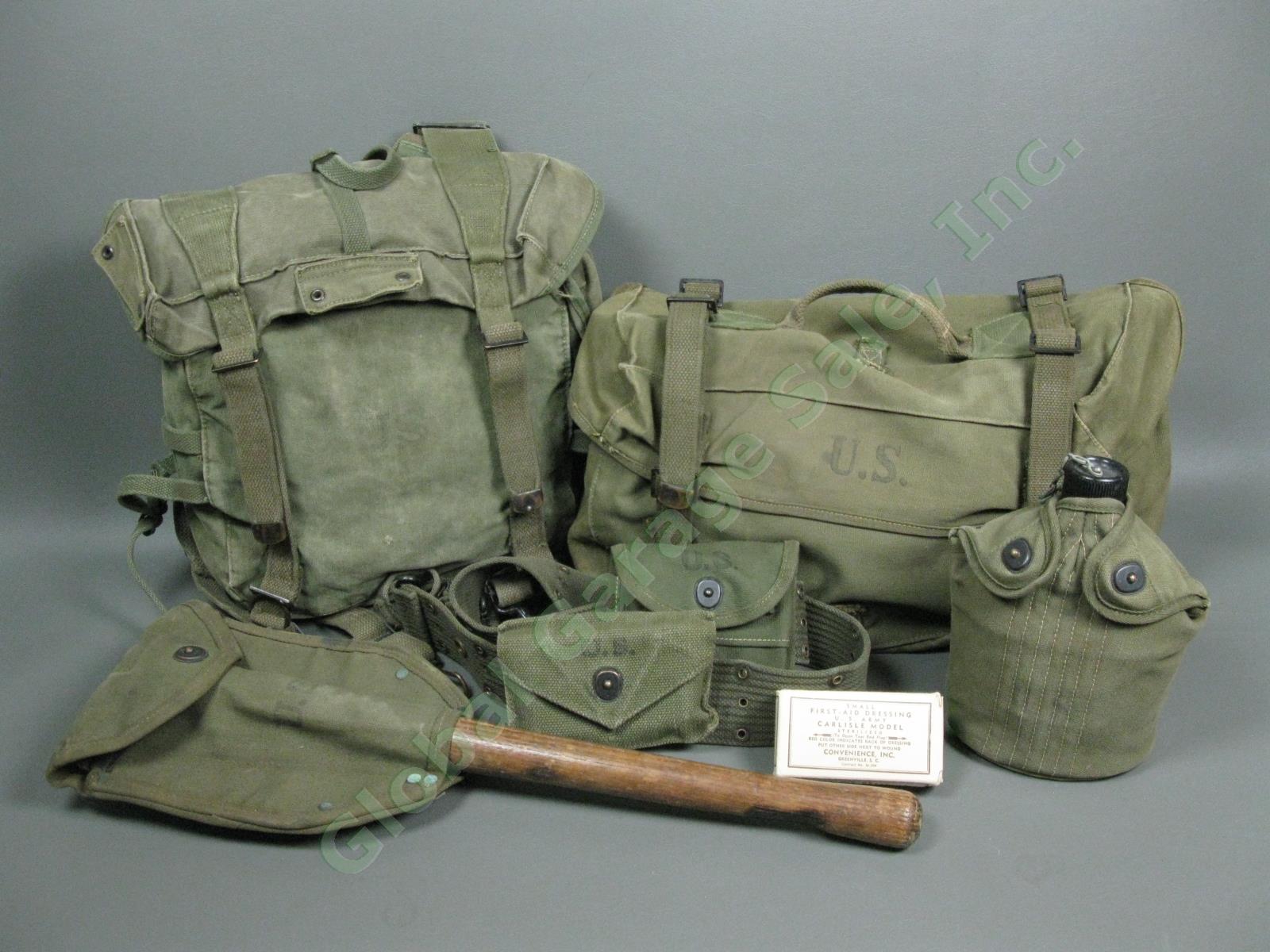 WWII M1945 US Combat Field Cargo Pack Suspenders Web Belt Canteen Shovel Pouch