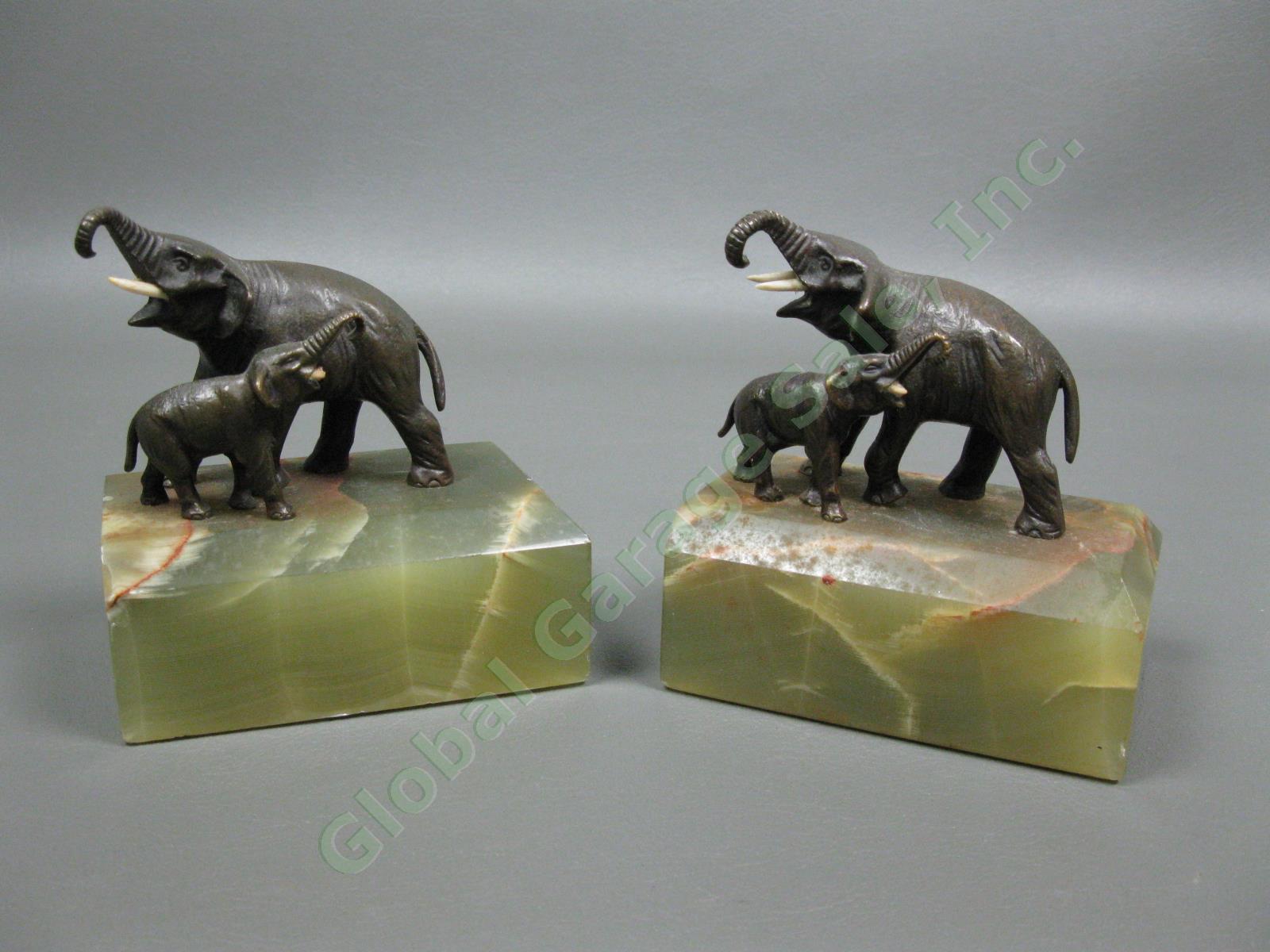 Vintage Antique 1930s Bronze Elephant Bookends Pair Germany Art Deco Green Onyx
