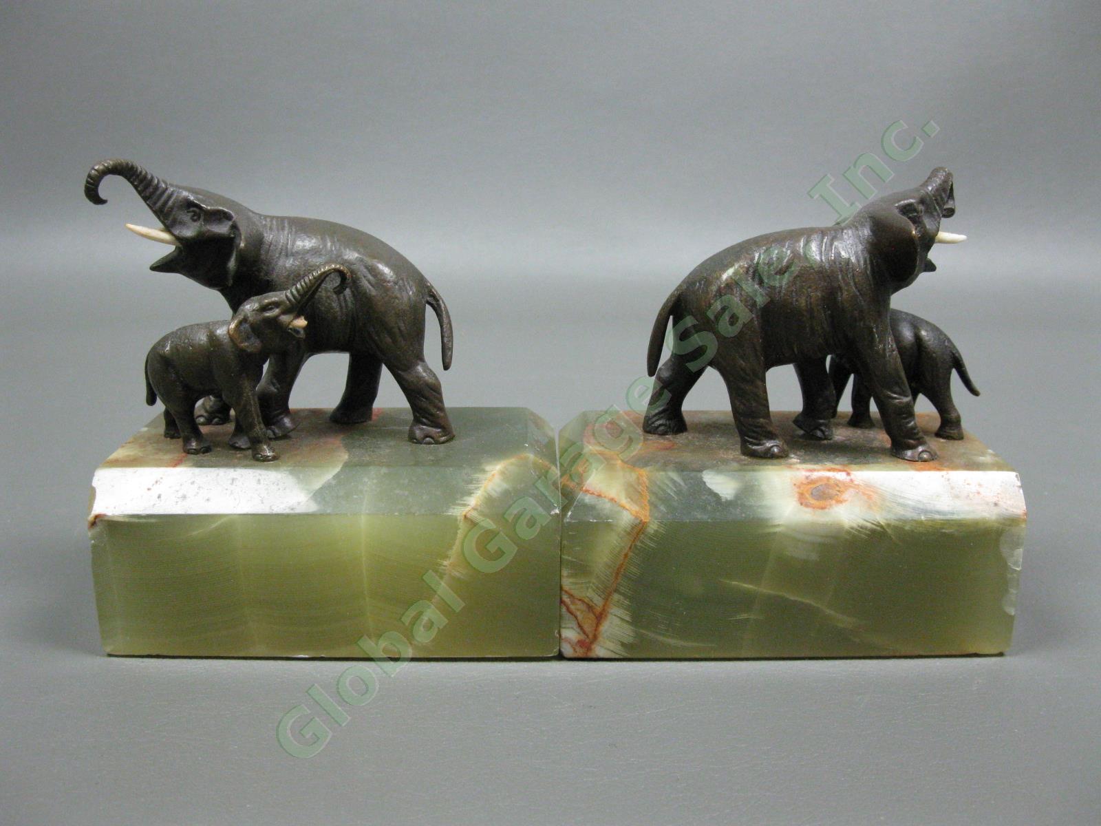 Vintage Antique 1930s Bronze Elephant Bookends Pair Germany Art Deco Green Onyx 3